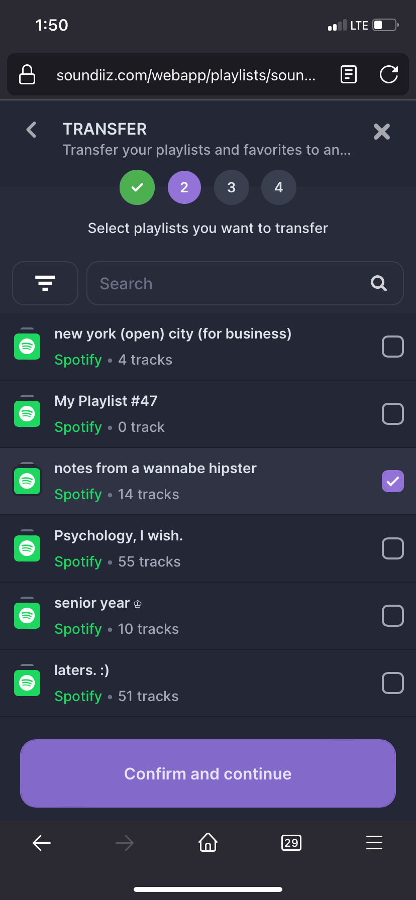 A screenshot of the Spotify playlists available for transfer.