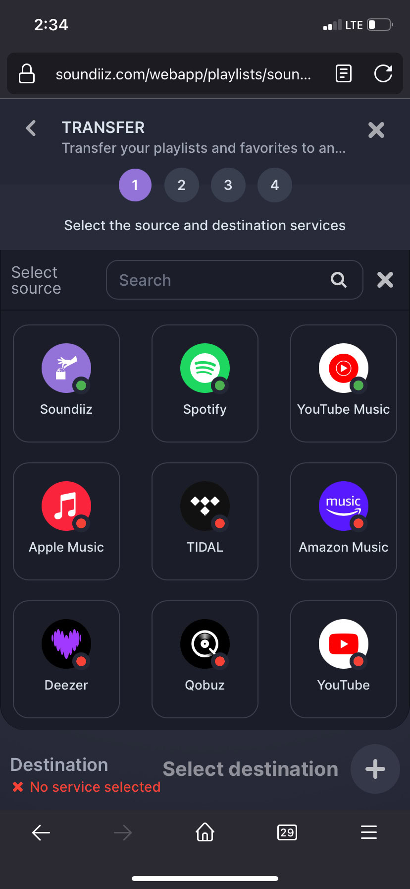 A screenshot of the various streaming services supported by Soundiiz. Buttons on the screen indicate individual services.