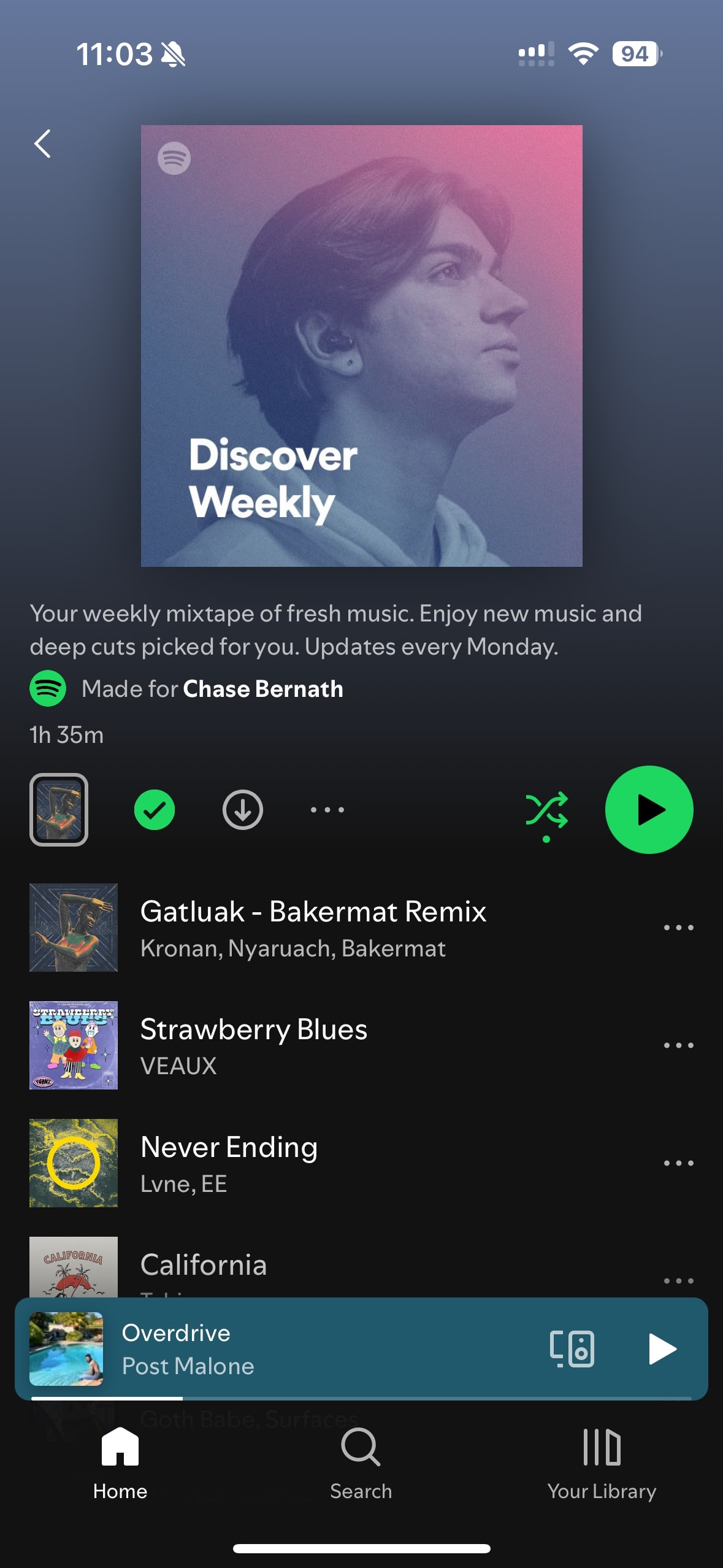 Spotify Discover Weekly playlist.