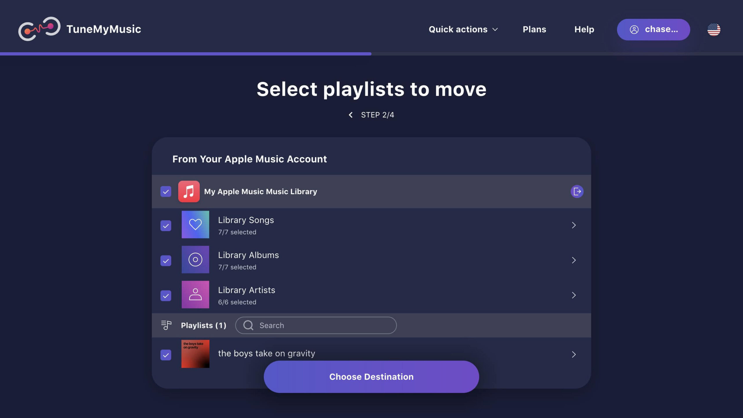 TuneMyMusic select playlists to move.