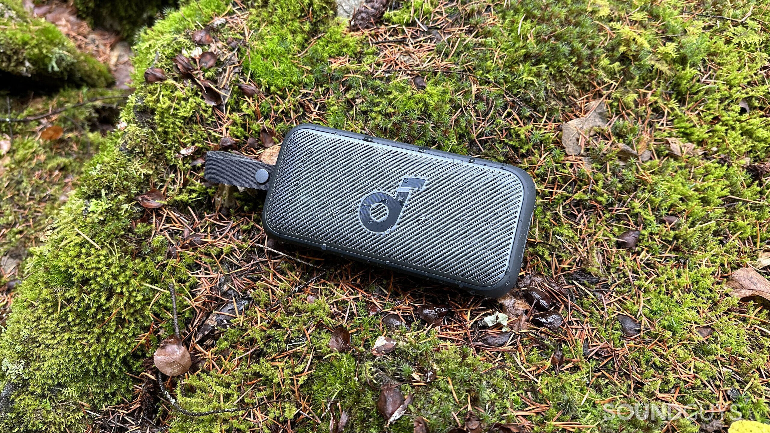 A Soundcore Motion 300 laying on a mossy rock.