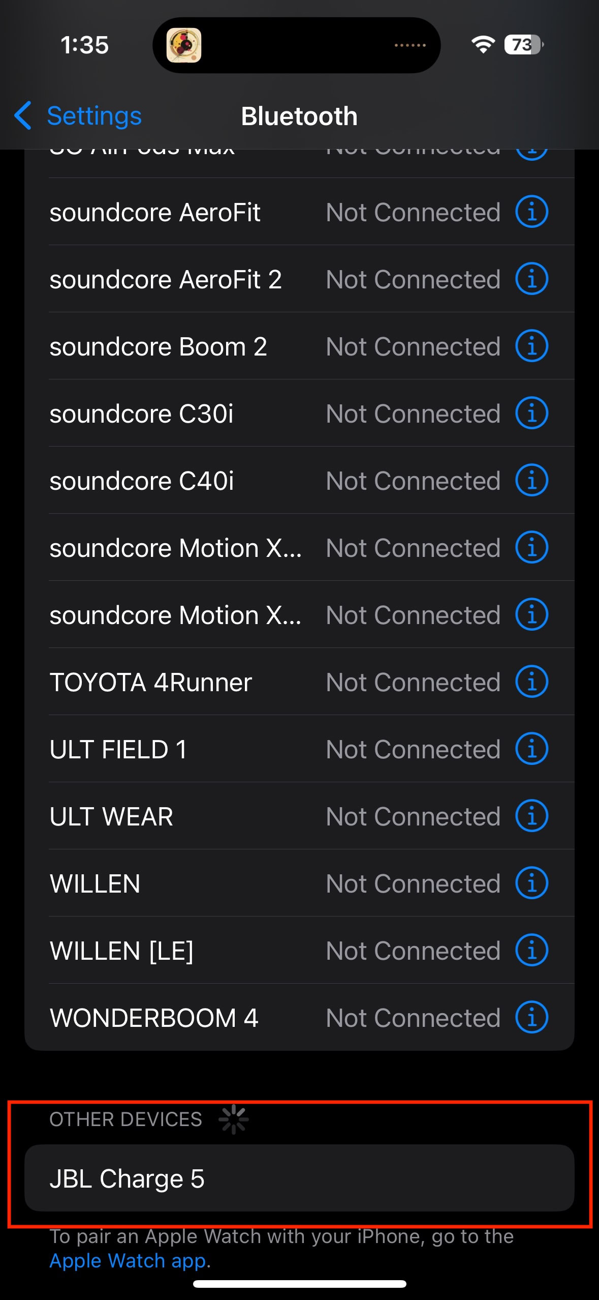 Screen shot of an iOS devices, showing an available JBL speaker at the bottom.