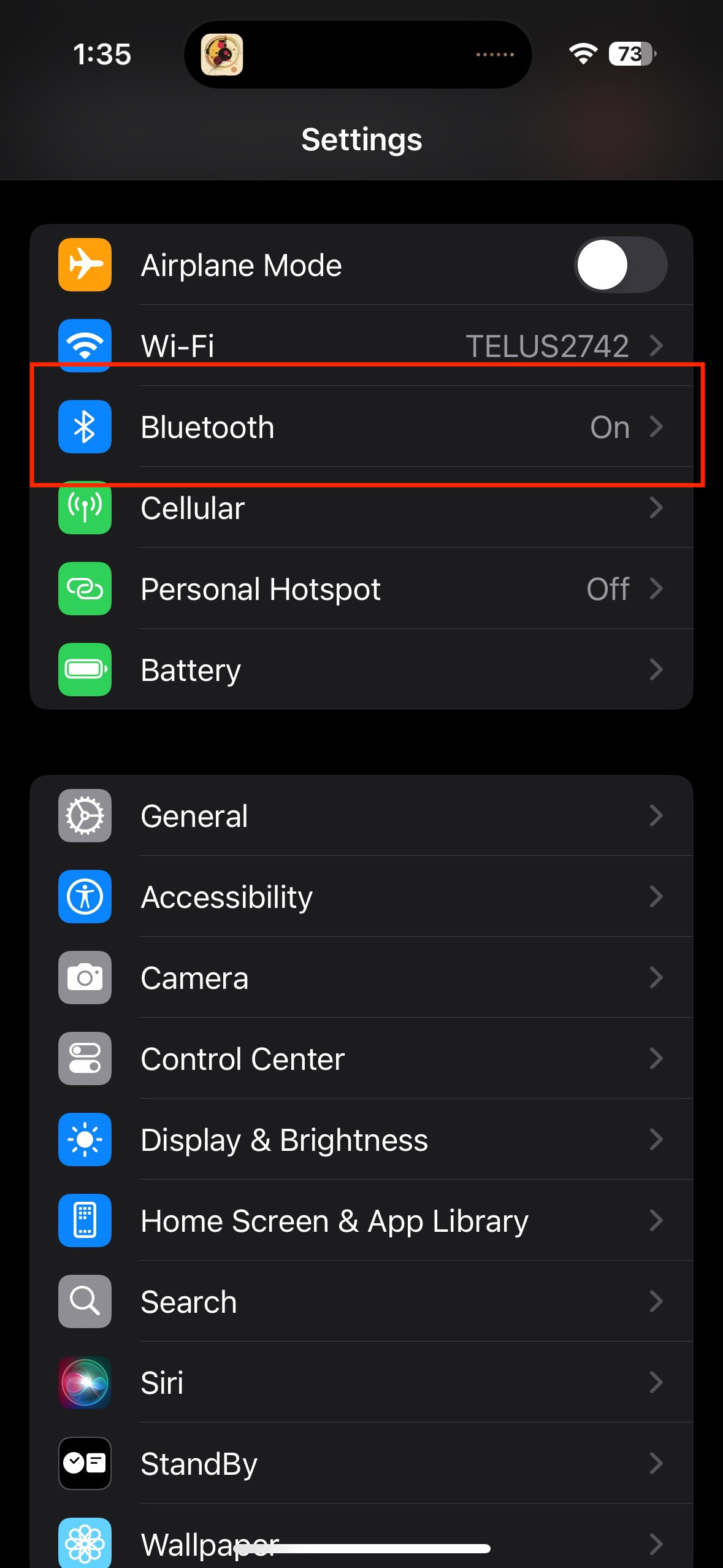 Screen shot from an iPhone showing where the Bluetooth menu can be found.