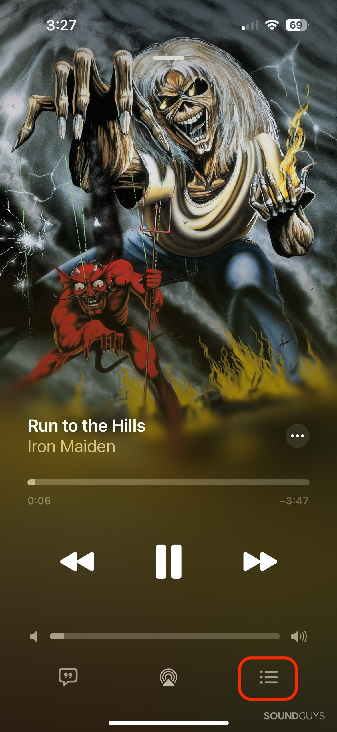 A screenshot of the Apple Music player with the queue circled.