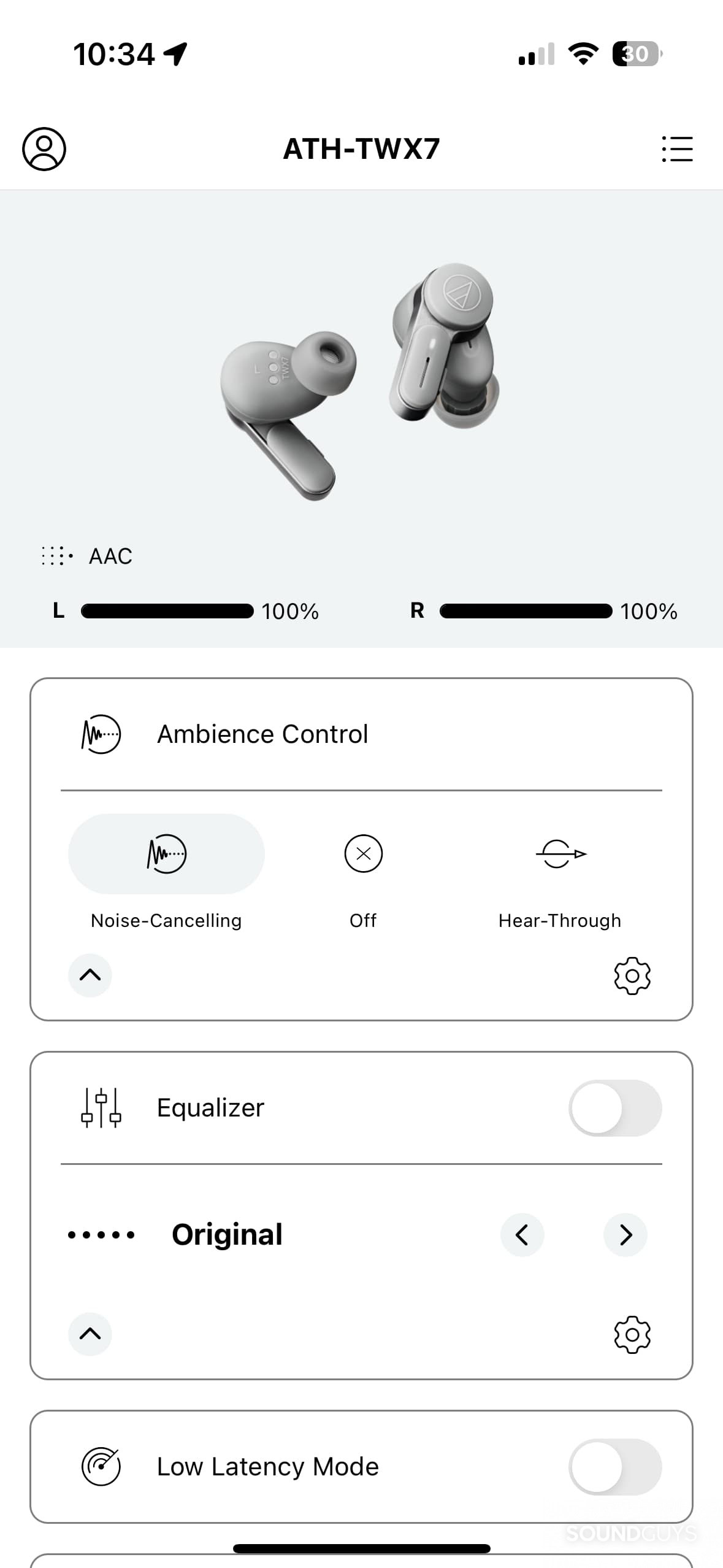 Audio-Technica ATH-TWX7 A-T Connect app home screen.