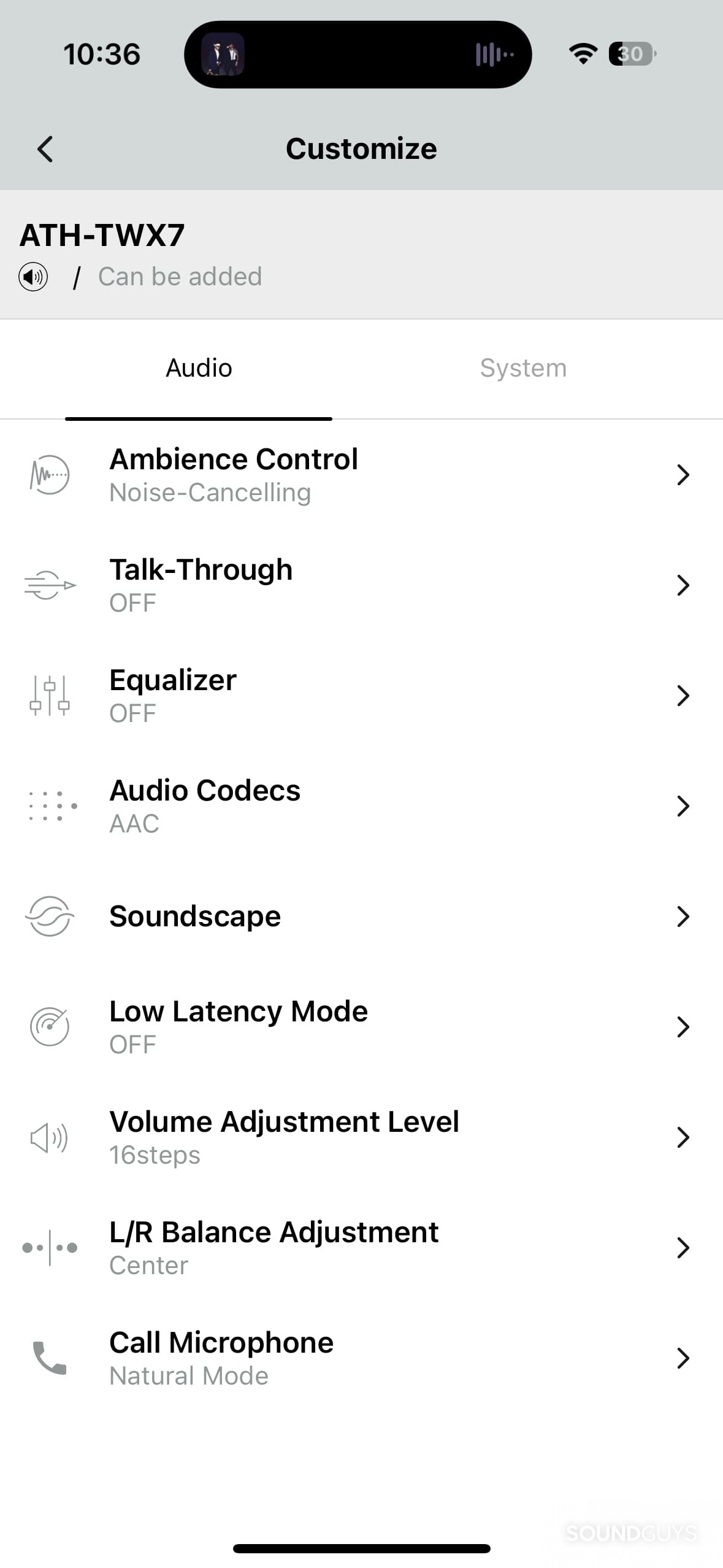 Audio-Technica ATH-TWX7 A-T Connect app settings.