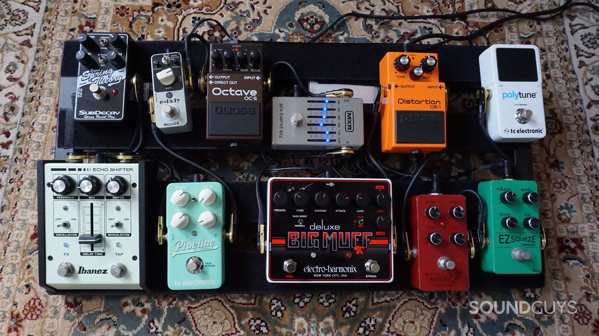 The BOSS DS-1 stands out on a pedalboard thanks to its metallic orange color