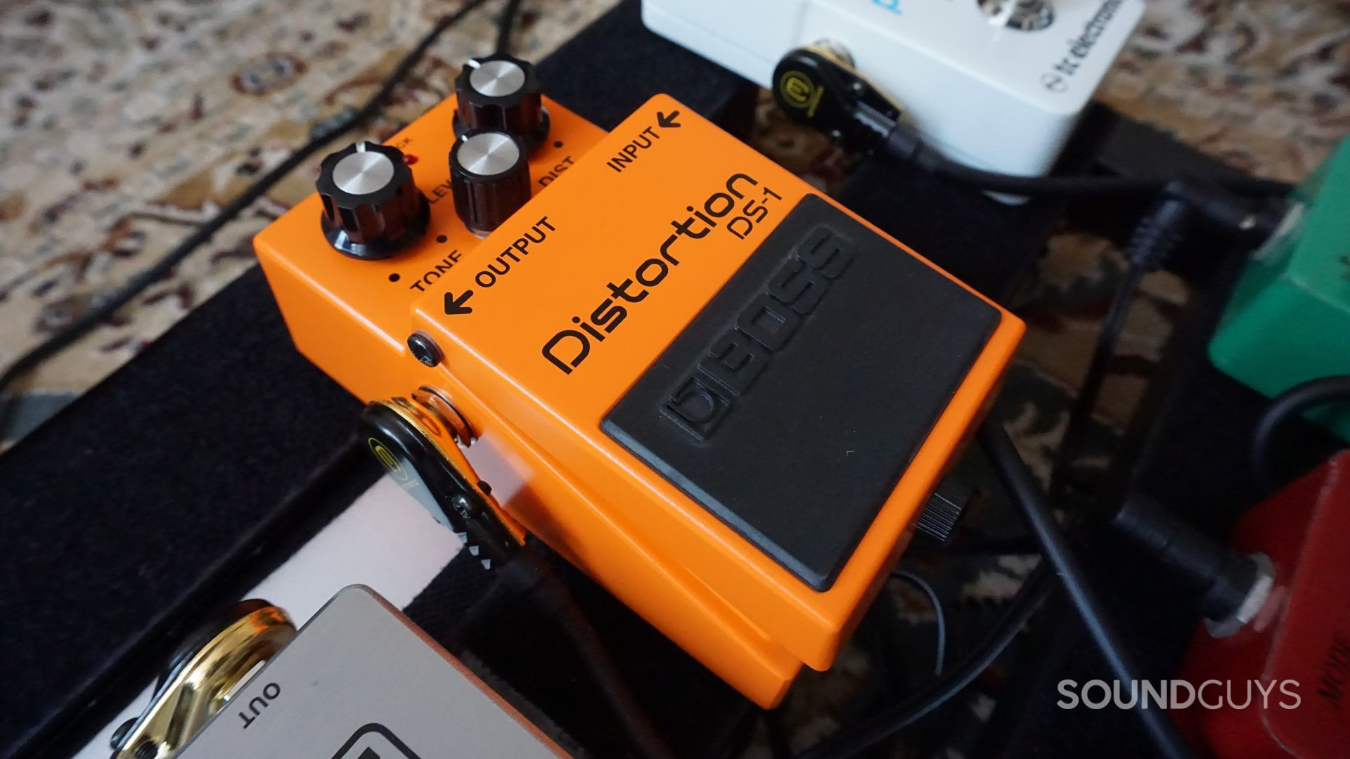 The BOSS DS-1 features a single bypass button for turning the distortion effect on and off