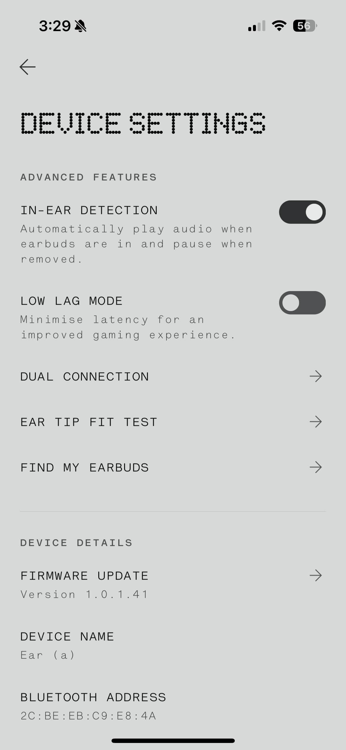 Nothing X app settings for the Nothing Ear (a).