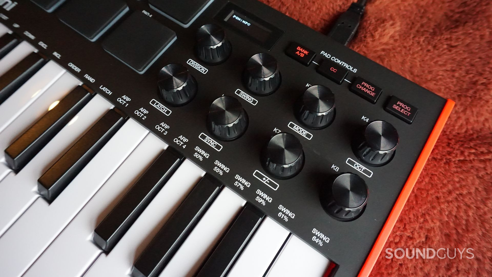 The AKAI MPK Mini MK3 features eight assignable knobs to control the arpeggiator, tap tempo, and note division