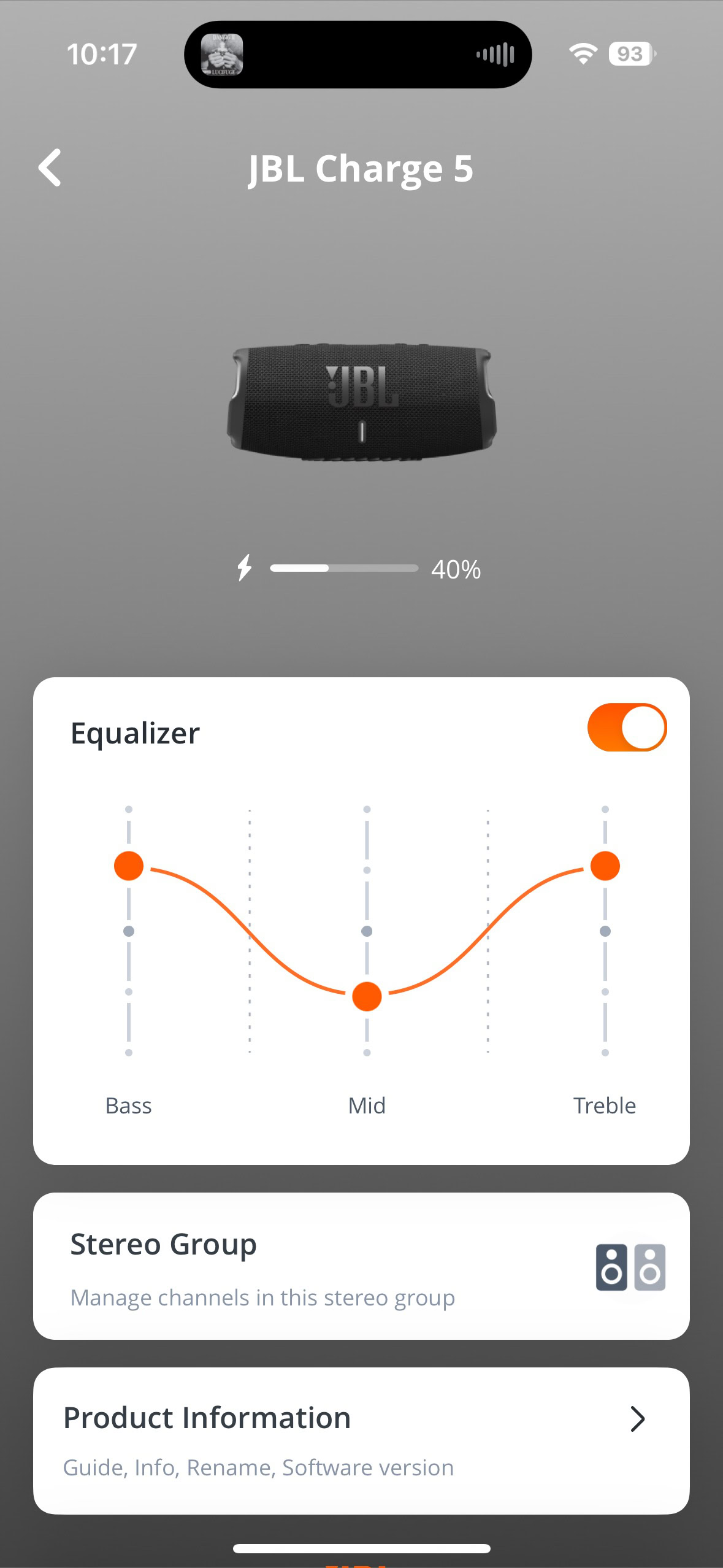 Screen shot of the JBL Portable app while connected to a JBL Charge 5.