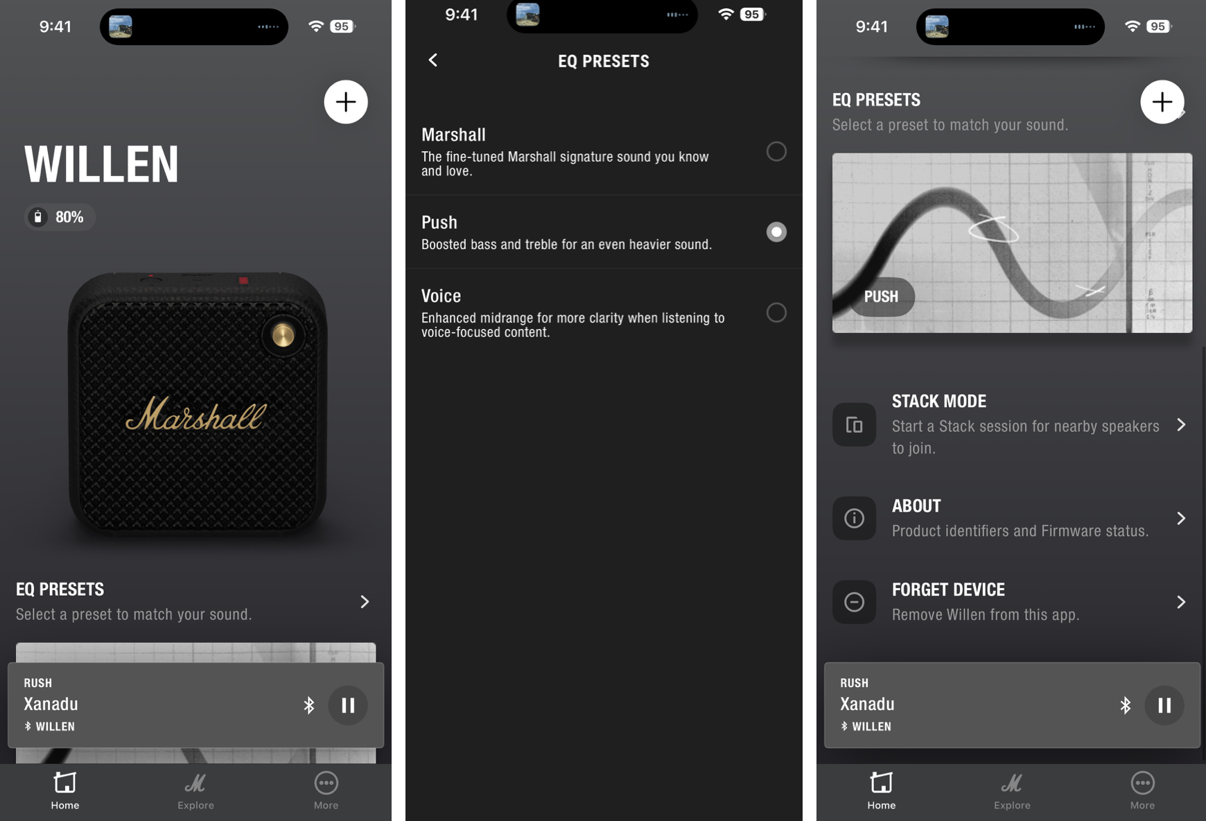 A screen shot of the Marshall Bluetooth app while connected to the Willen speaker. Showing EQ and controls options.