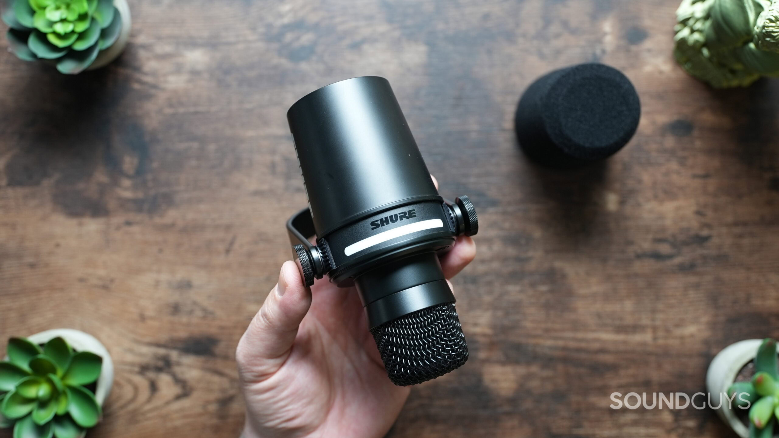 Top down shot of the Shure MV7+ microphone with windscreen removed.