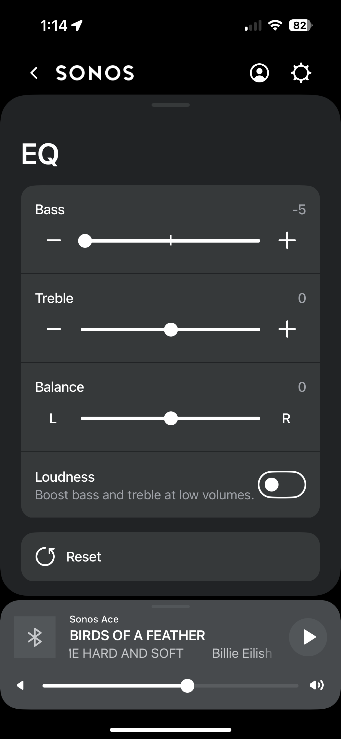 Sonos App interface showing equalizer controls for the Sonos Ace headphones.