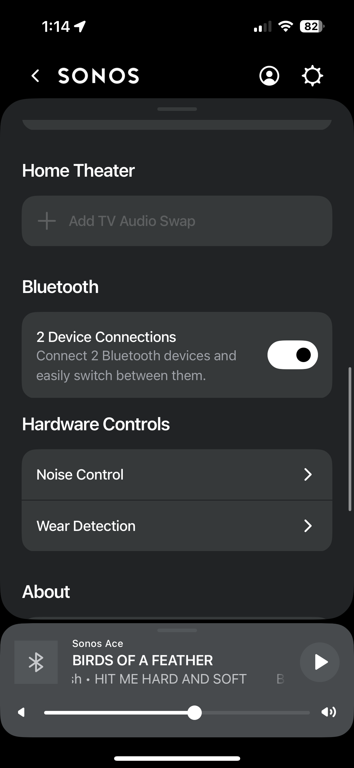 Sonos app interface showing the home theater, Bluetooth, and Hardware Control options for the Sonos Ace headphones.