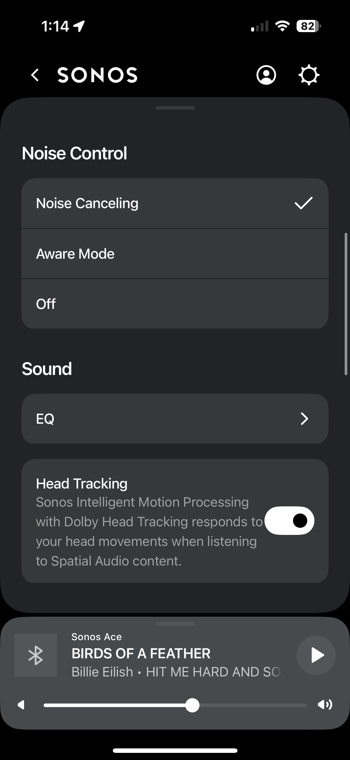 Sonos app interface showing the noise control and sound settings for the Sonos Ace headphones