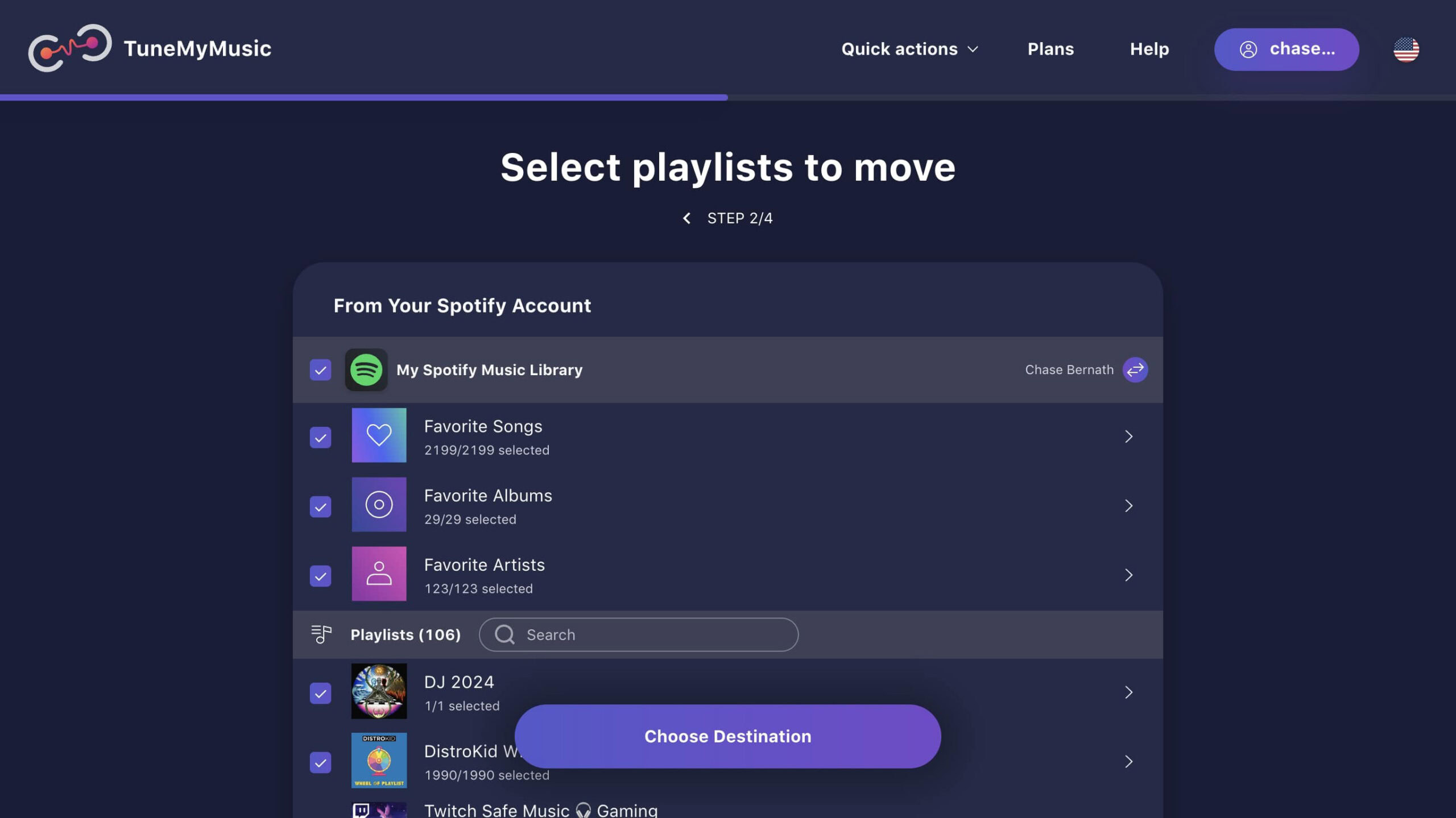 TuneMyMusic Spotify playlist selector. 