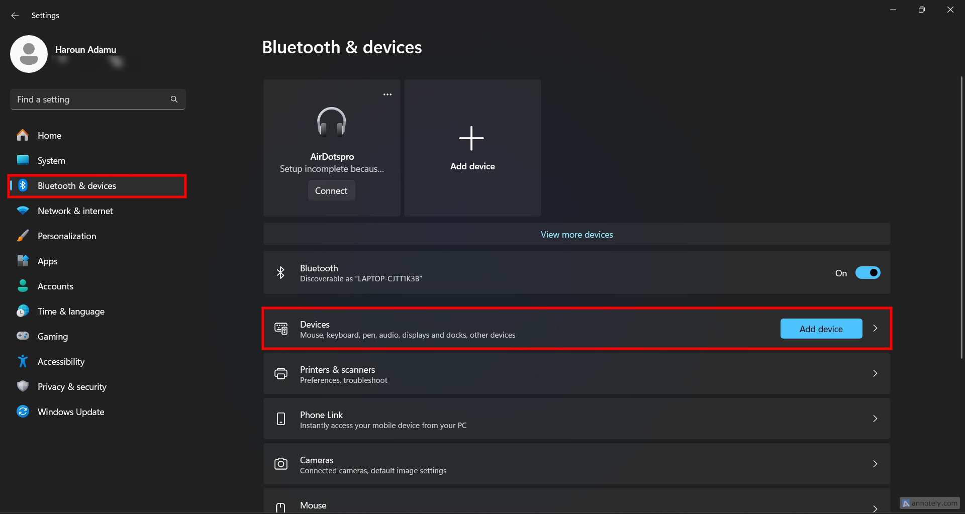 Windows Bluetooth settings