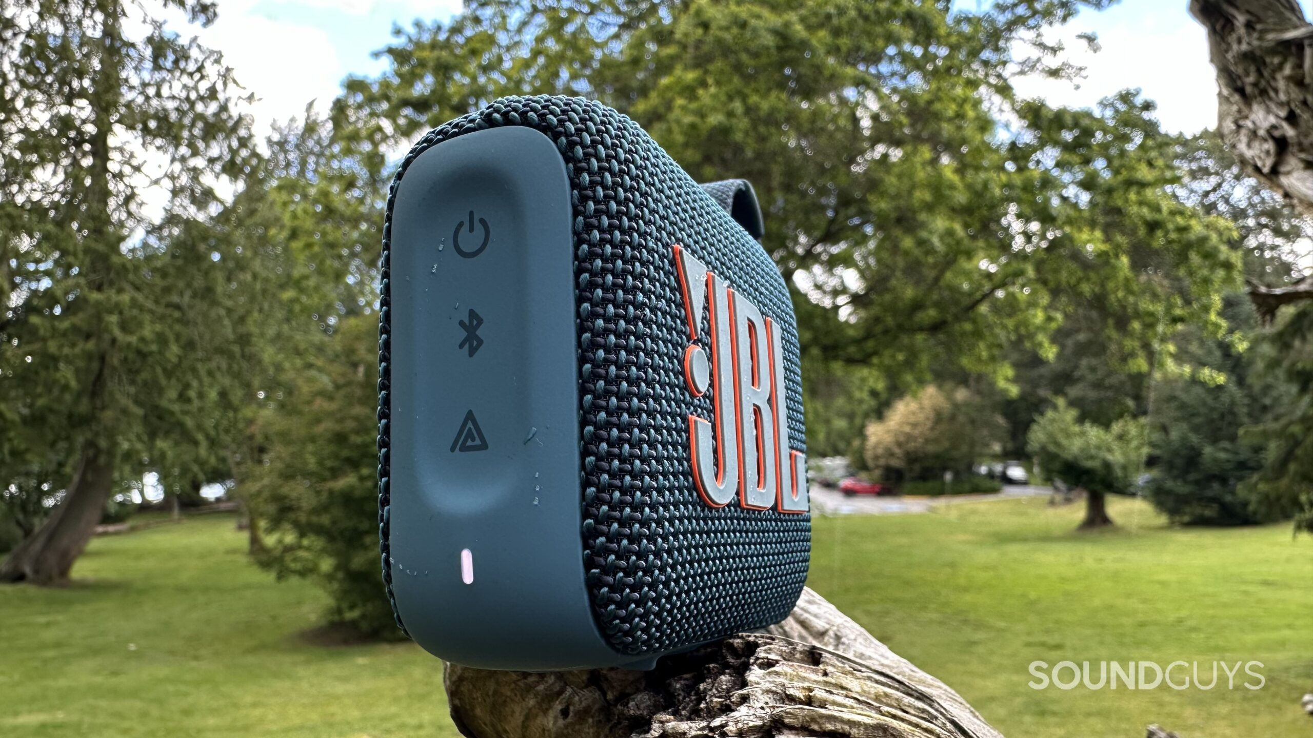 A JBL Go 4 speaker placed on a branch, showing it's controls.