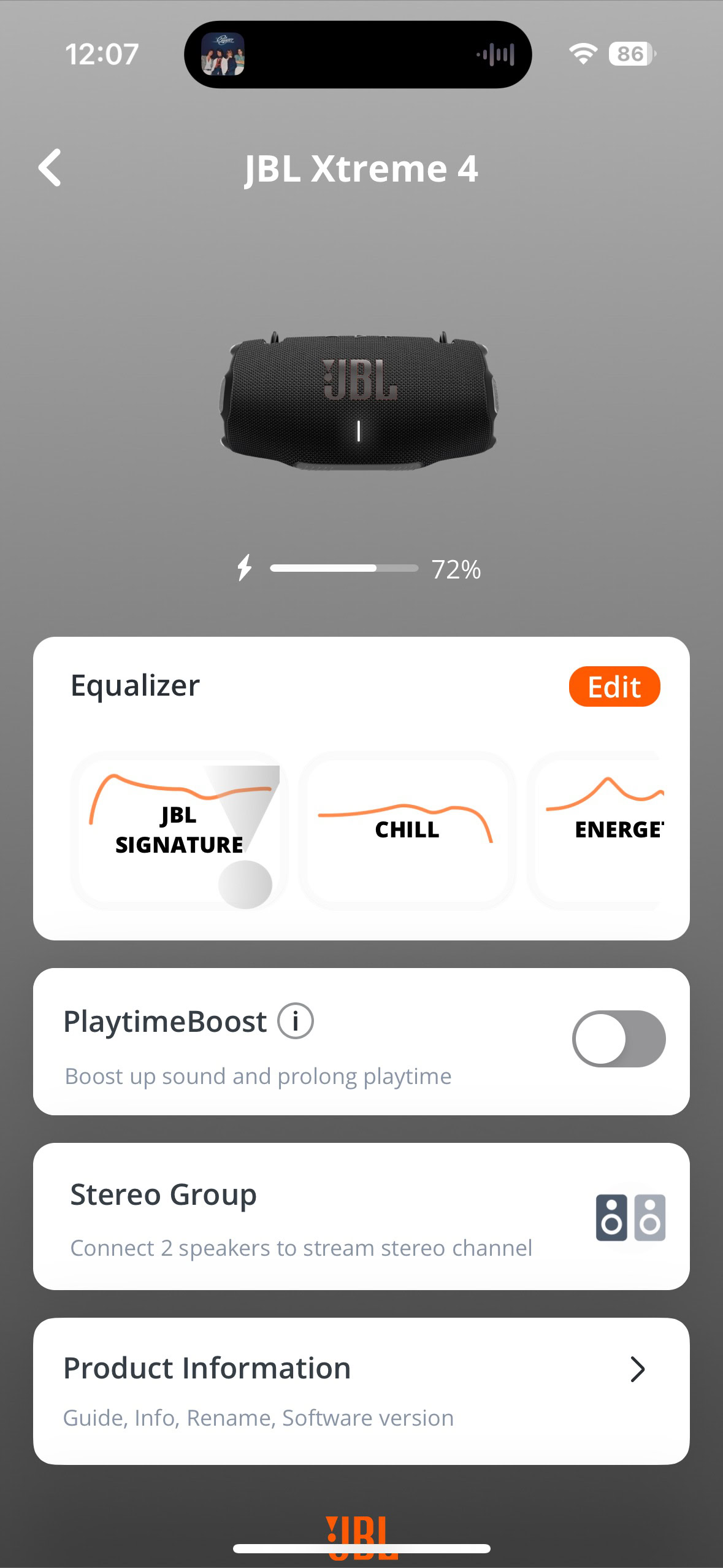 Screen shot of the JBL portable app while connected to the JBL Xtreme 4