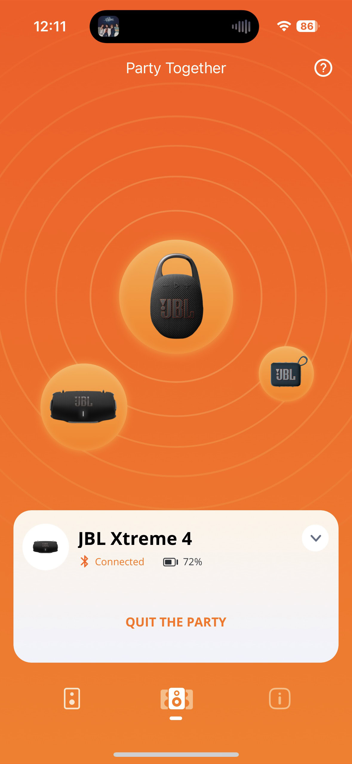 Screen shot of the JBL portable app while connected to the JBL Xtreme 4, showing it paired with other speakers via the Party Together feature