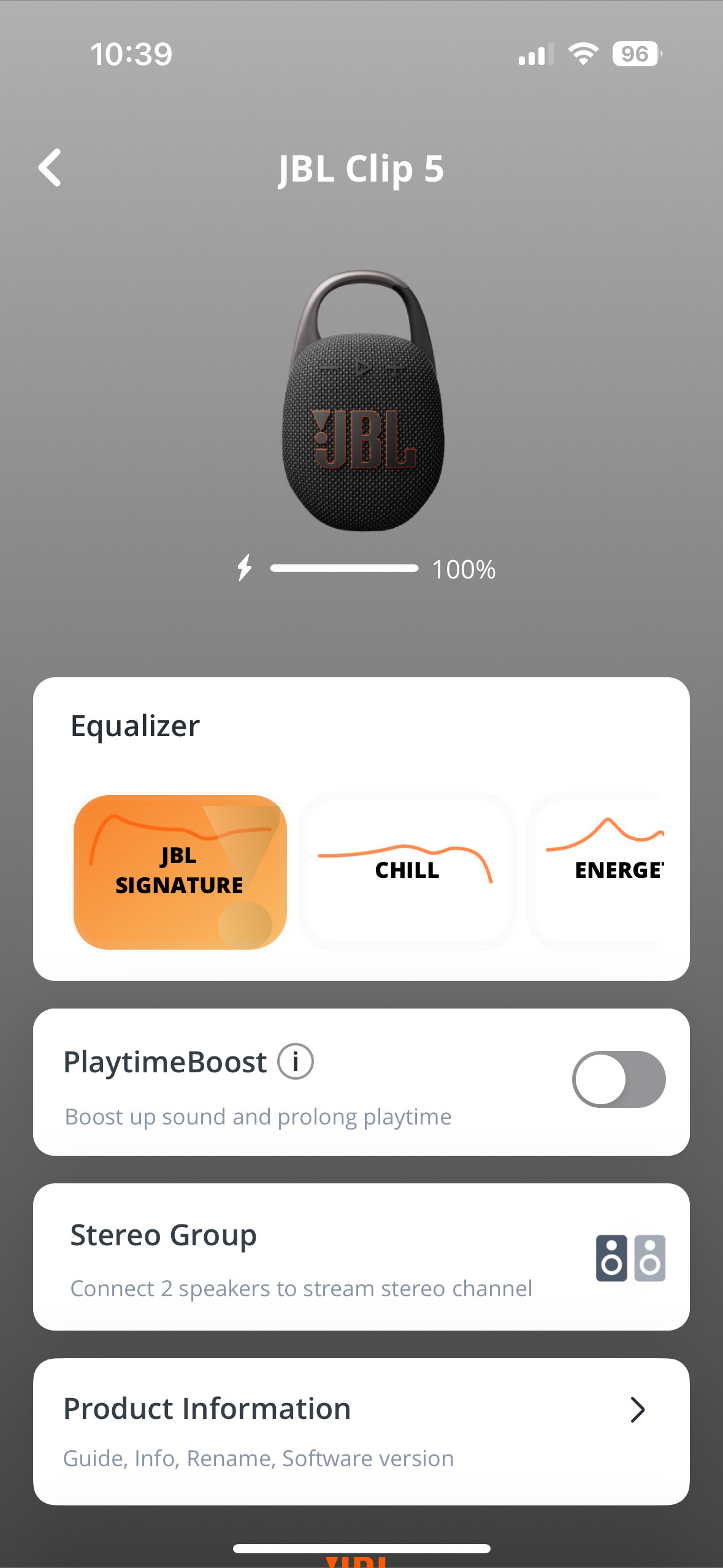 A screen shot of the JBL Portable app, showing various control options while connected to the Clip 5