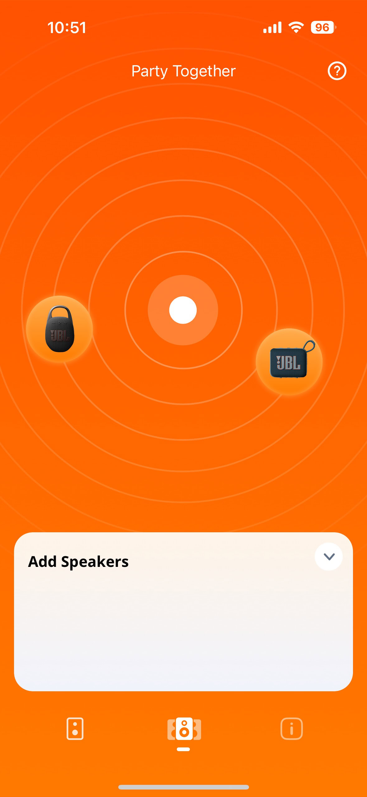 A screen shot of the JBL Portable app, showing the "Party Together" option, allowing you to connect other JBL speakers.
