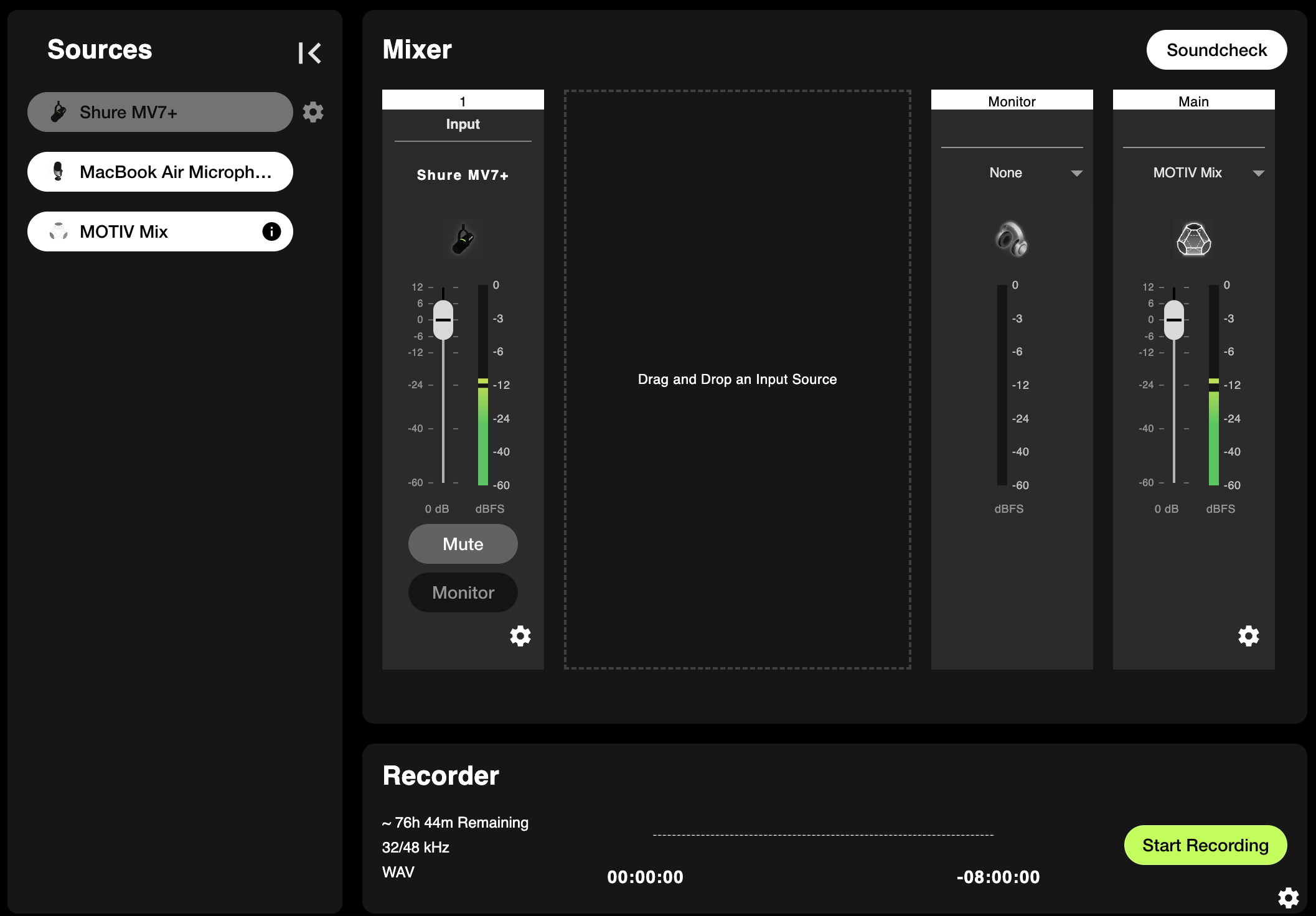 A screen shot of the Shure MOTIV Mix app, showing faders and various input and output settings.