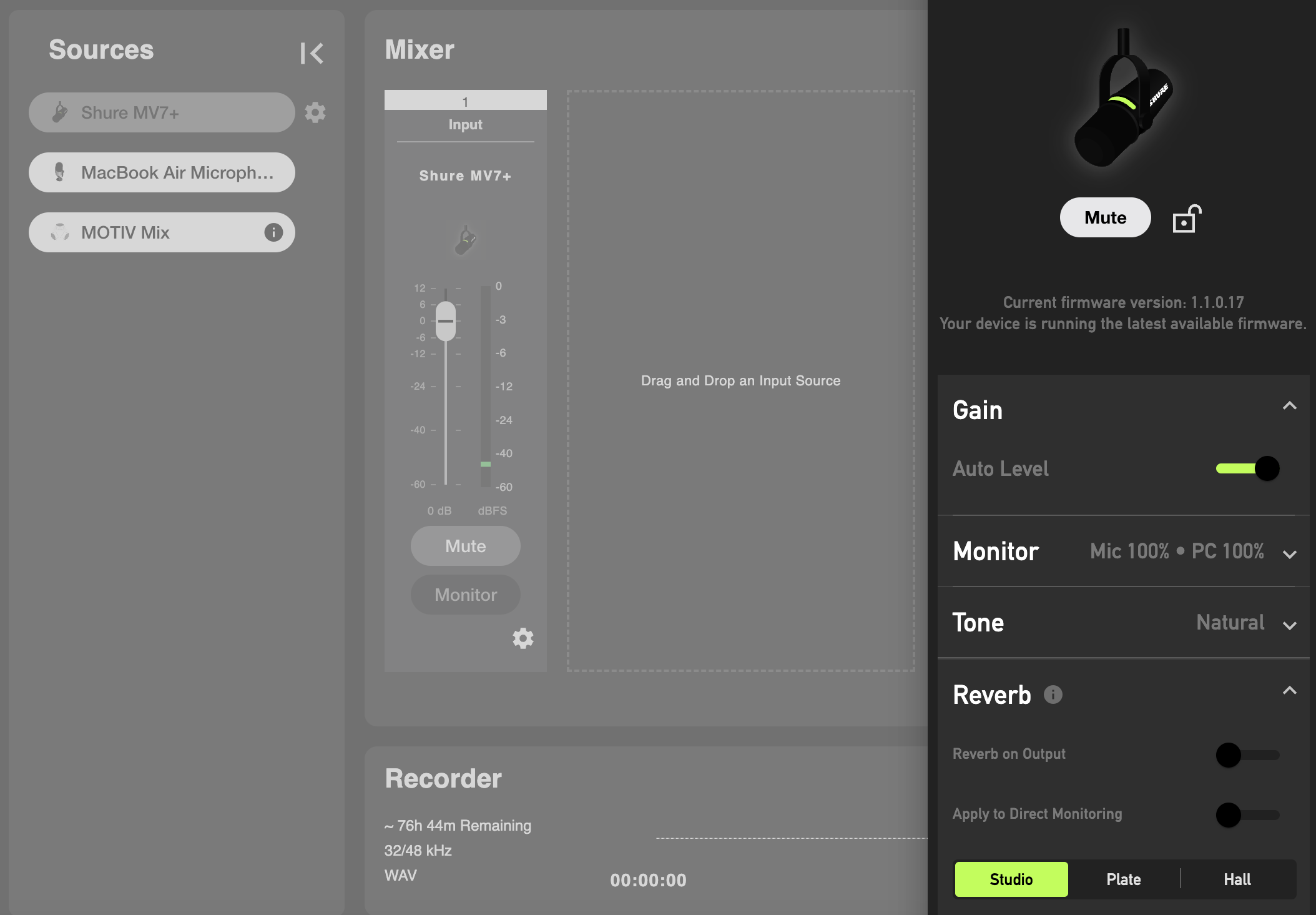 A screenshot of the Shure MOTIV mix app showing the various microphone controls and settings.