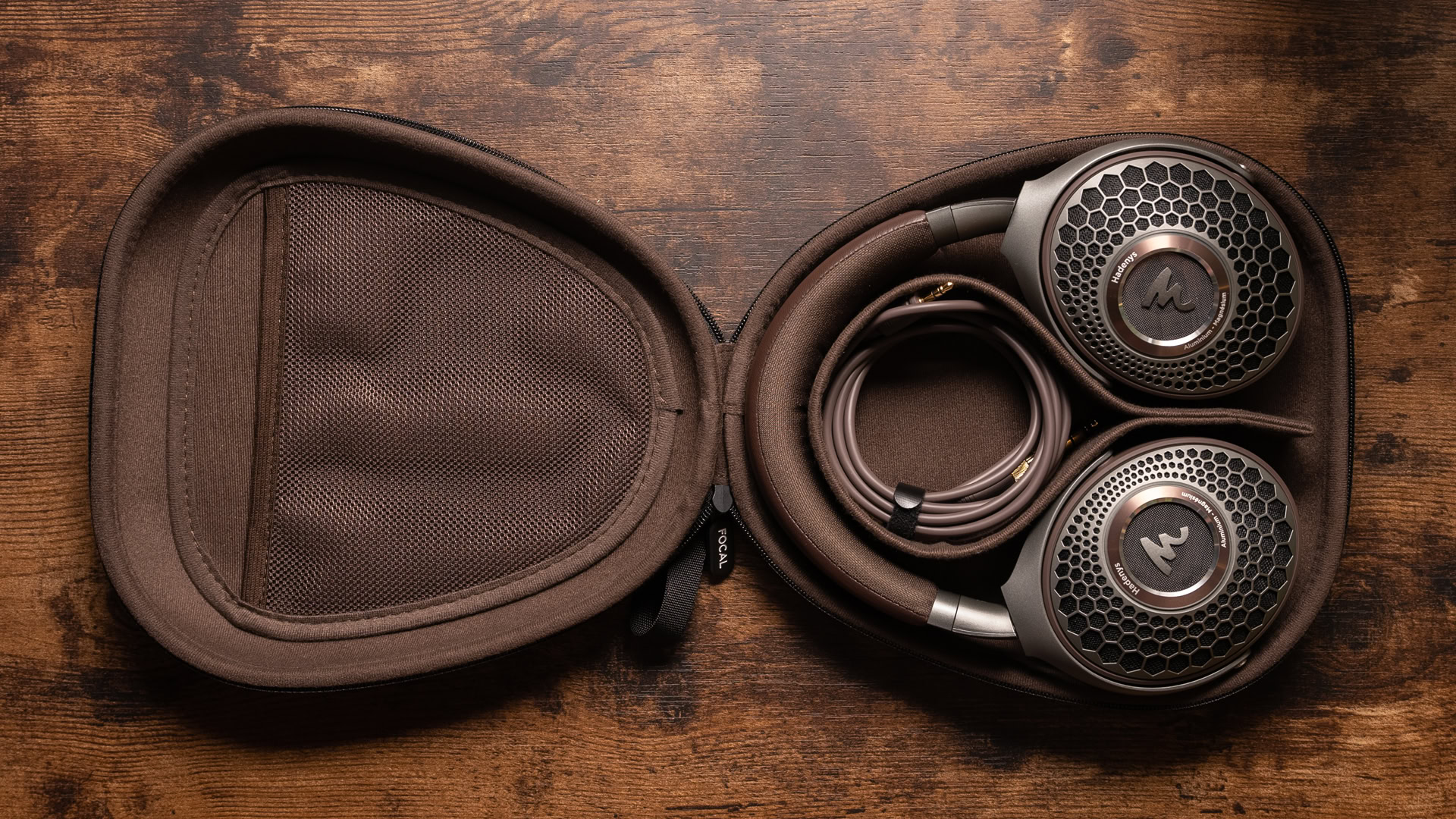 The Focal Hadenys sits in its travel case with removable cable.