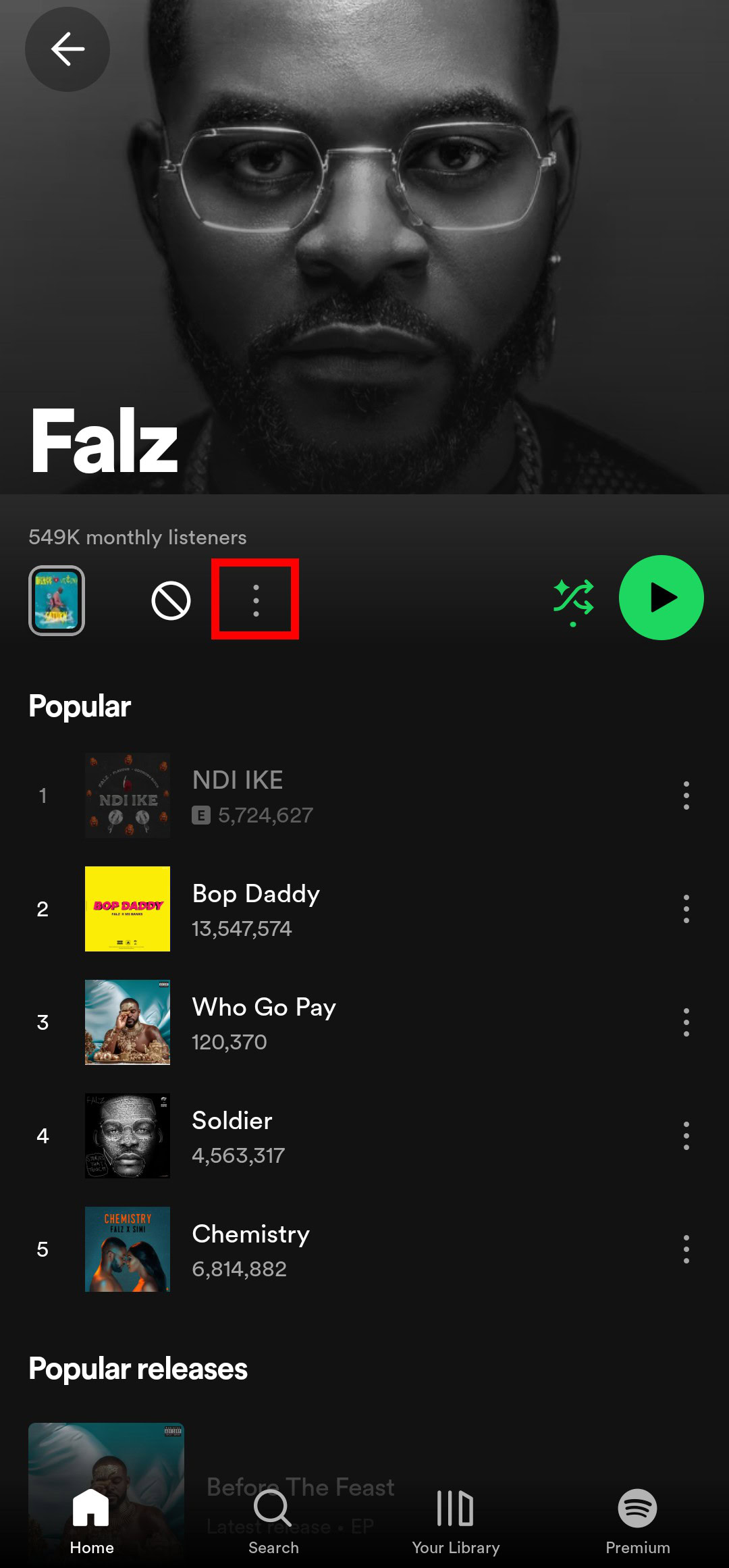 Profile page of an artist called Falz