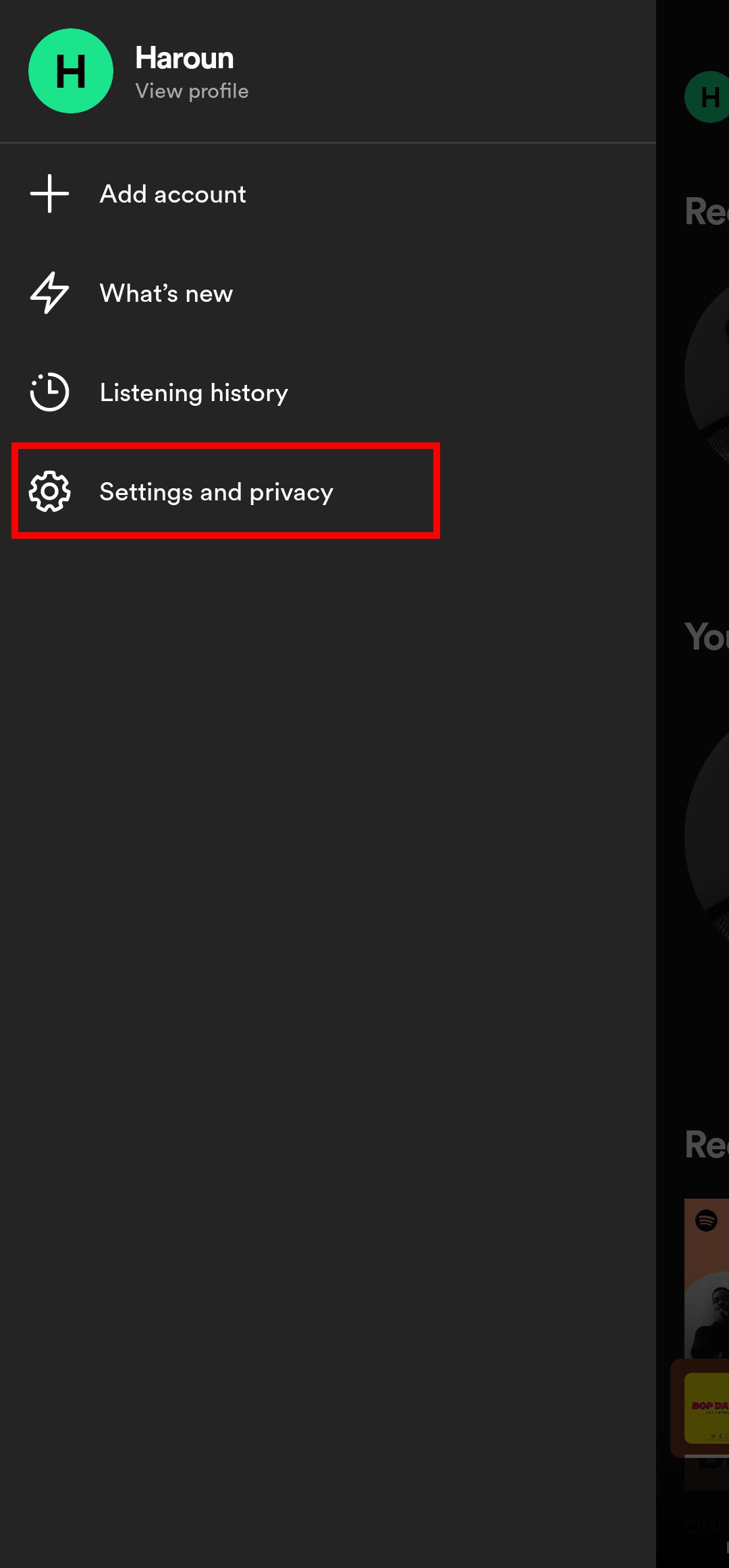 Spotify profile options page with Settings highlighted