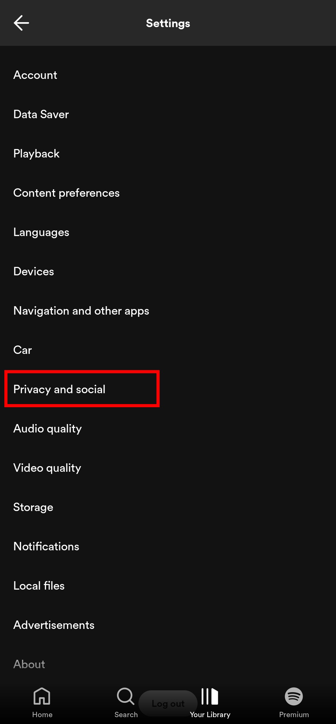 Spotify Settings page with privacy settings highlighted