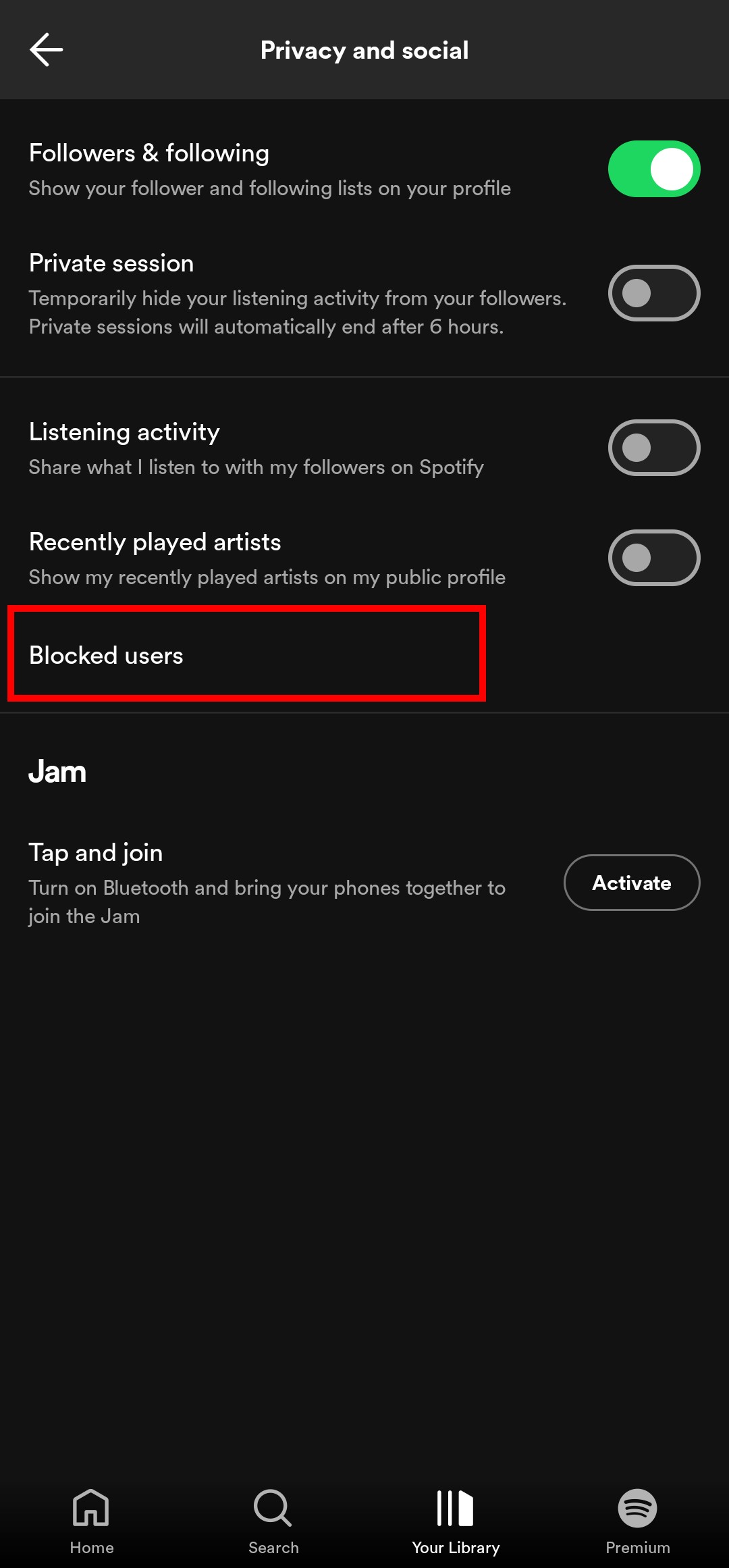 Spotify privacy settings page with Blocked users highlighted