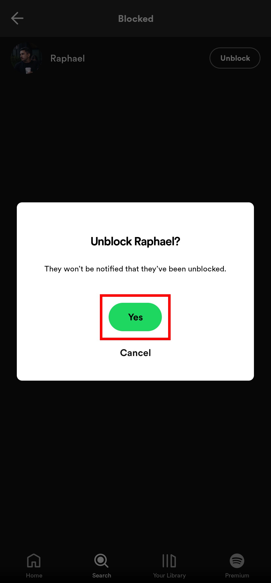 Spotify unblock pop-up box with Yes button highlighted