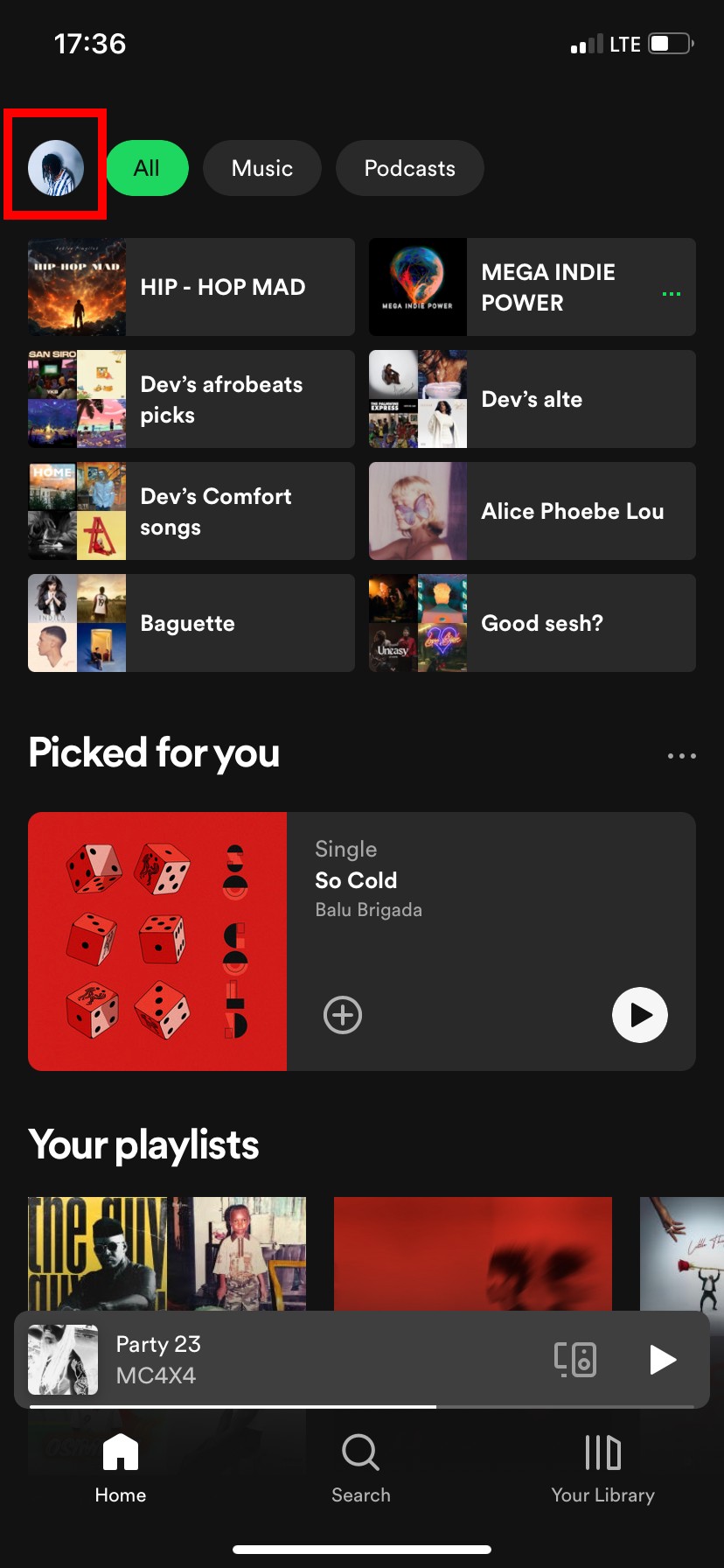 Spotify home page with profile icon highlighted