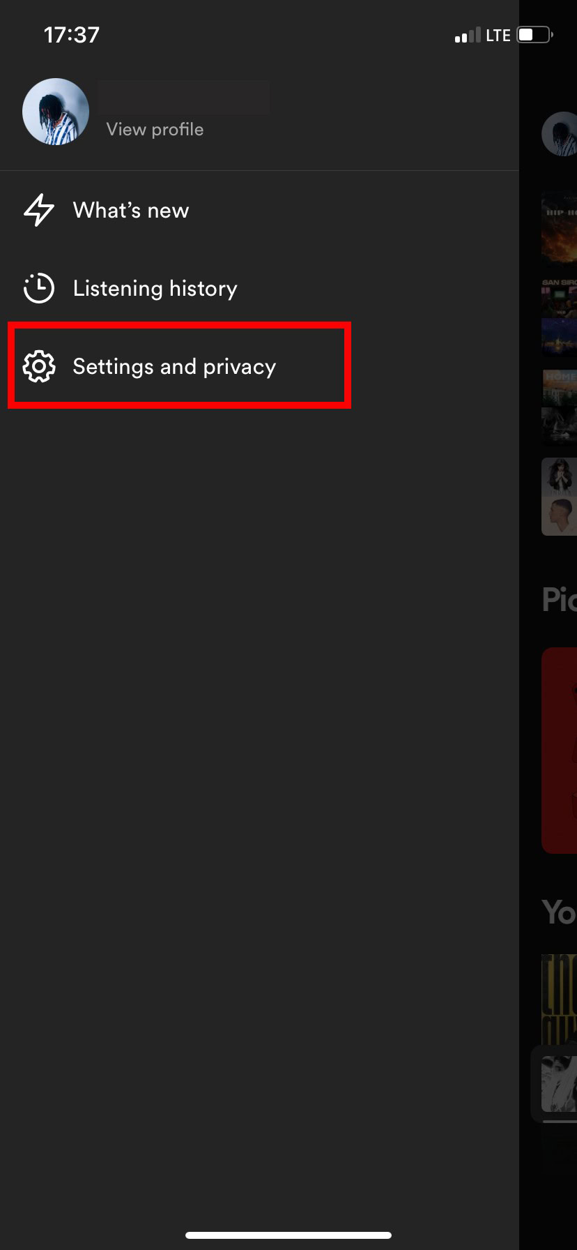 Spotify profile options page with Settings highlighted