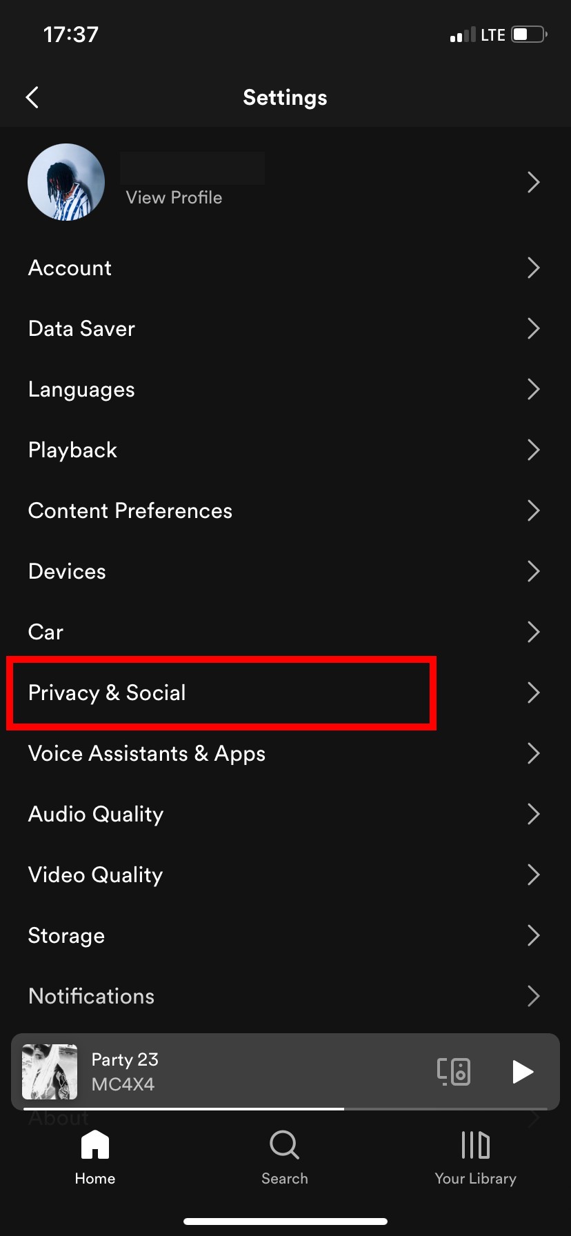 Spotify Settings page with privacy settings highlighted