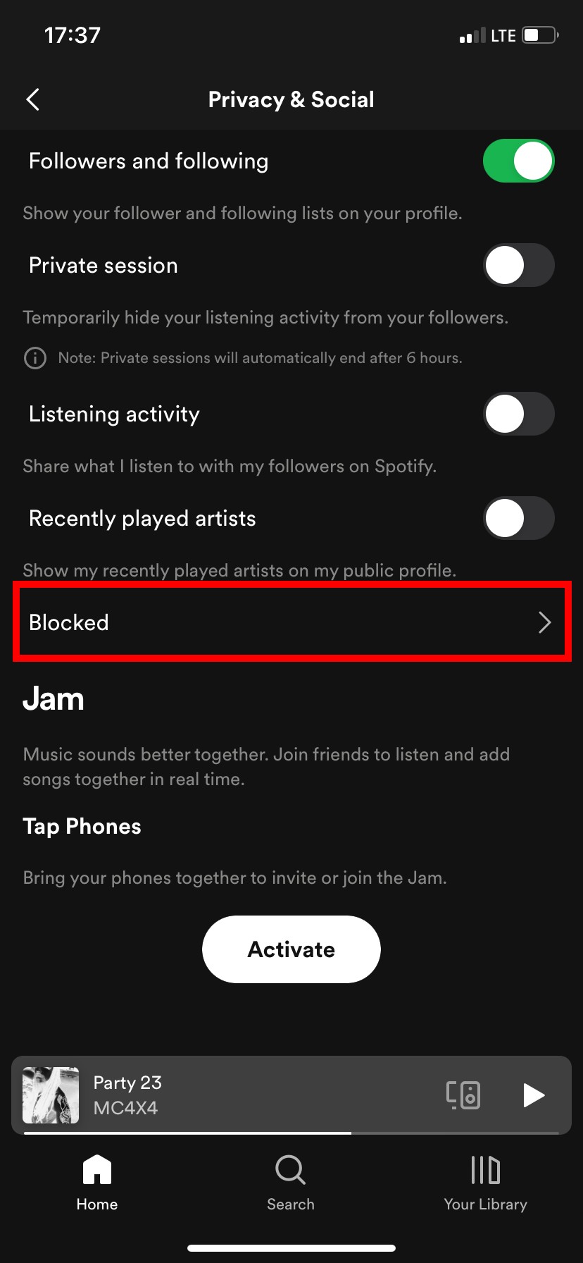 Spotify privacy settings page with Blocked highlighted