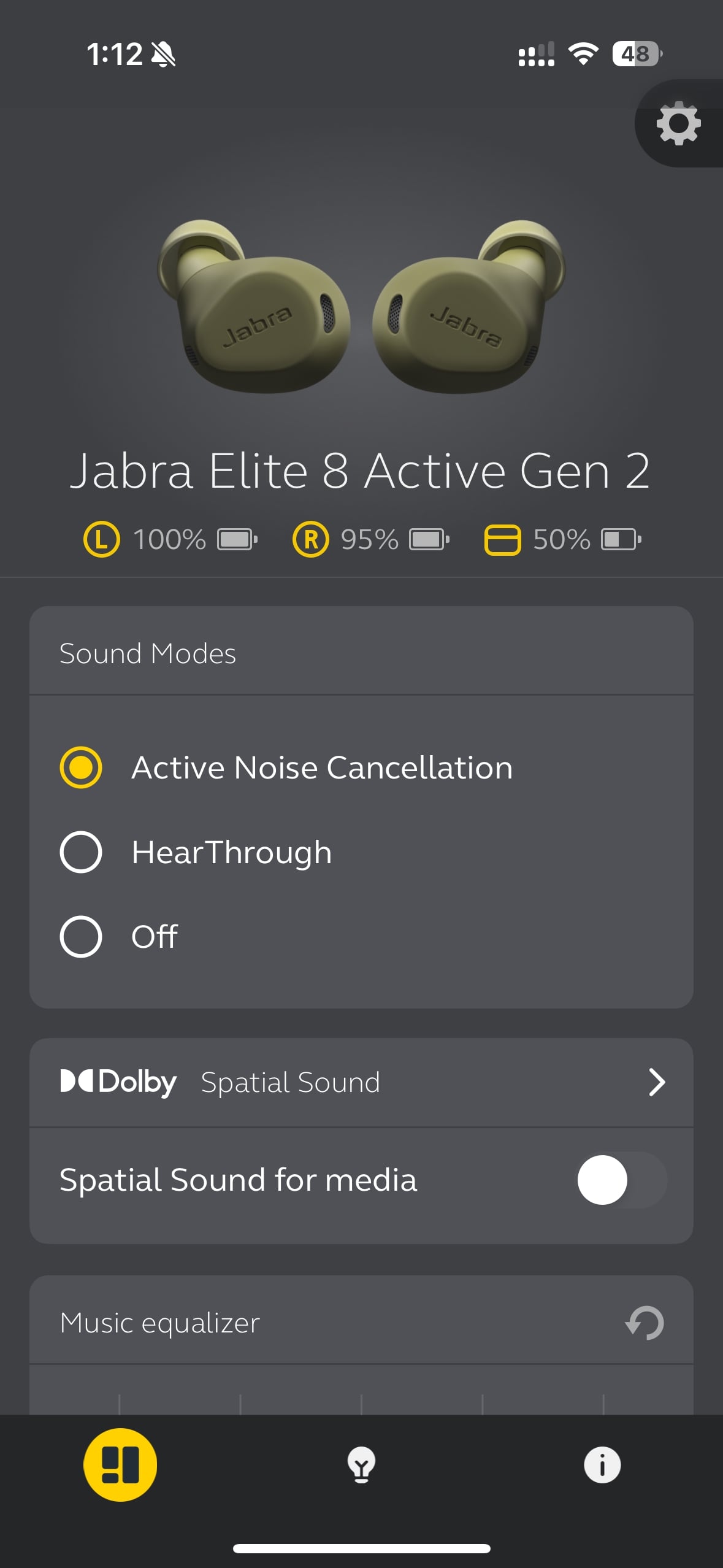 Jabra Sound+ app home screen for the Jabra Elite 8 Active Gen 2.