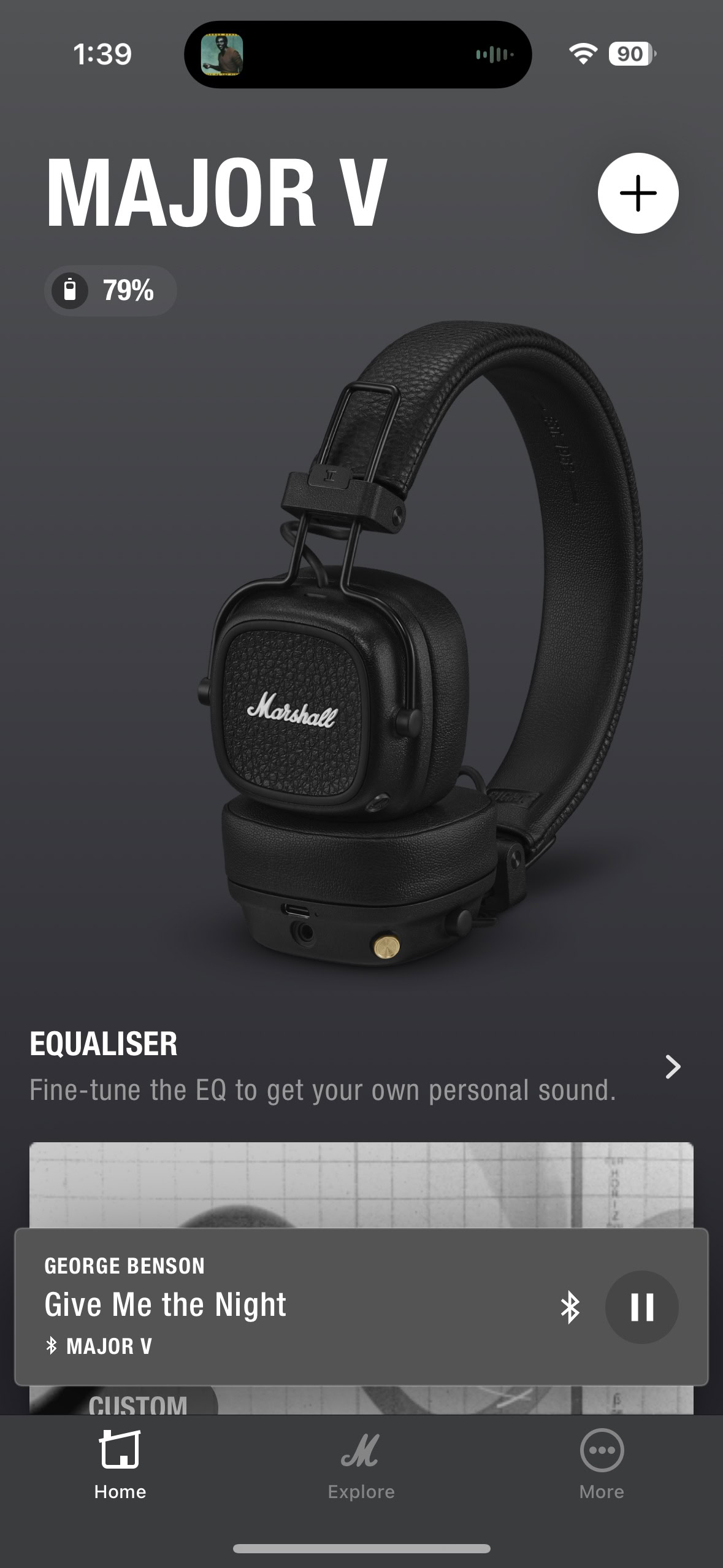 A screen shot of the Marshall Bluetooth app while connected to the Marshall Major V headphones.