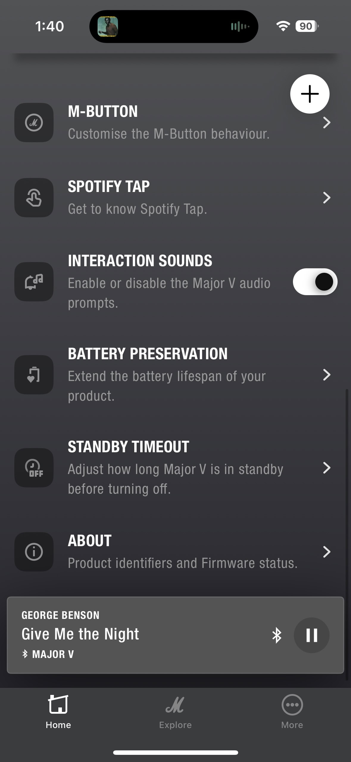 A screen shot of the Marshall Bluetooth app while connected to the Marshall Major V headphones.