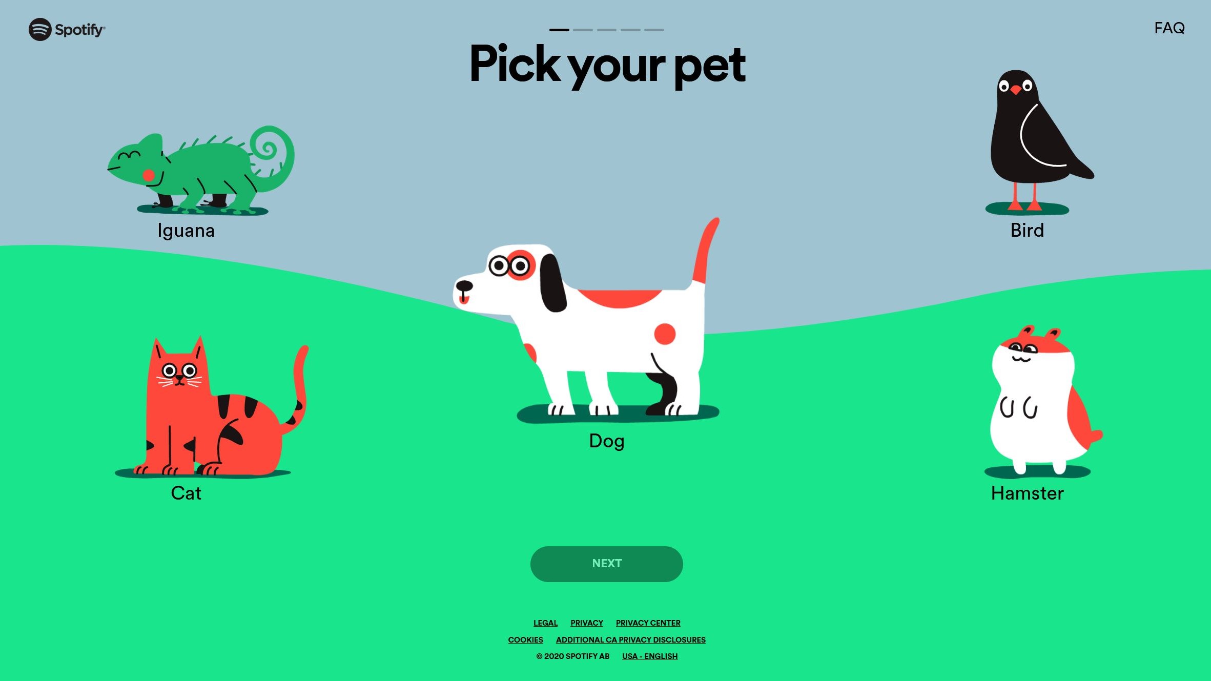 Spotify's Pet Playlist page with an iguana, bird, cat, dog, and hamster as options.