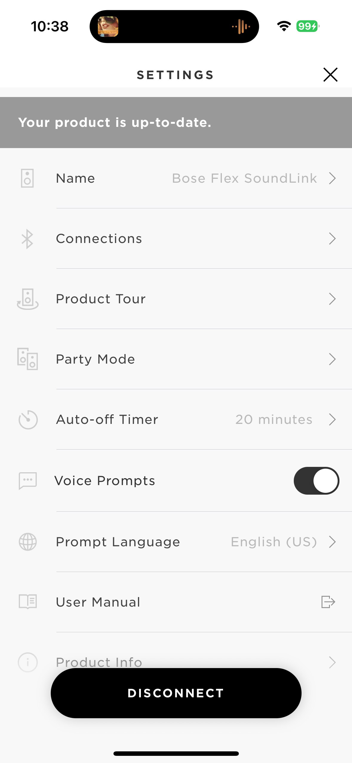 Screen shot of the Bose Connect app while connected to a Soundlink Flex