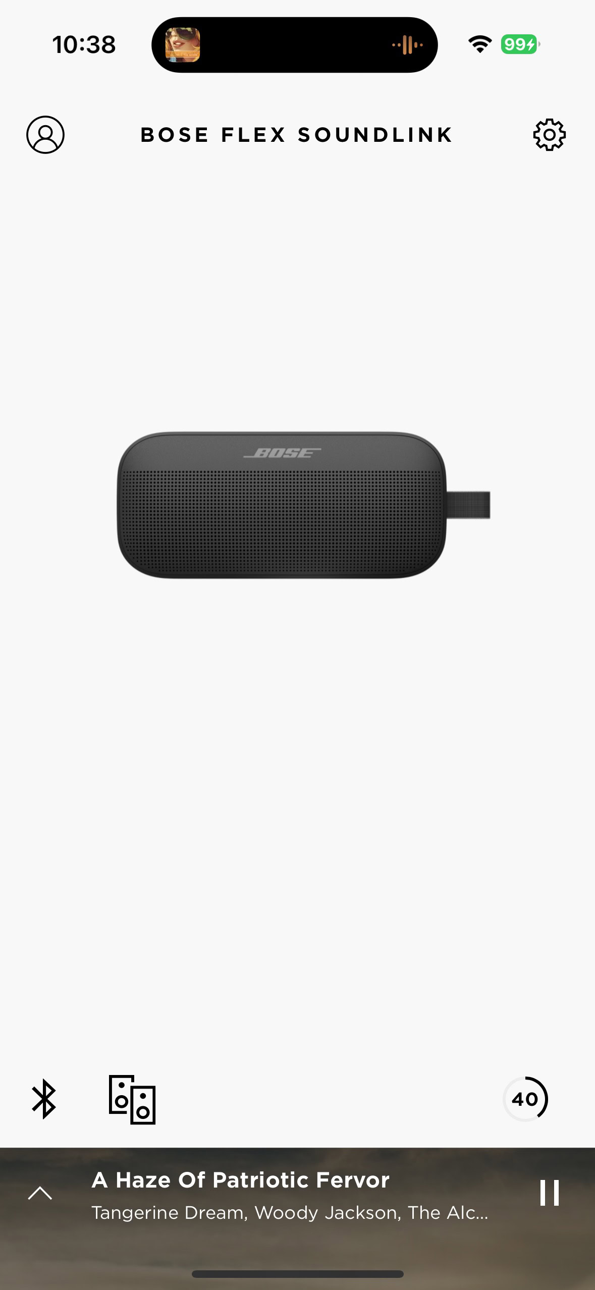 Screen shot of the Bose Connect app while connected to a Soundlink Flex