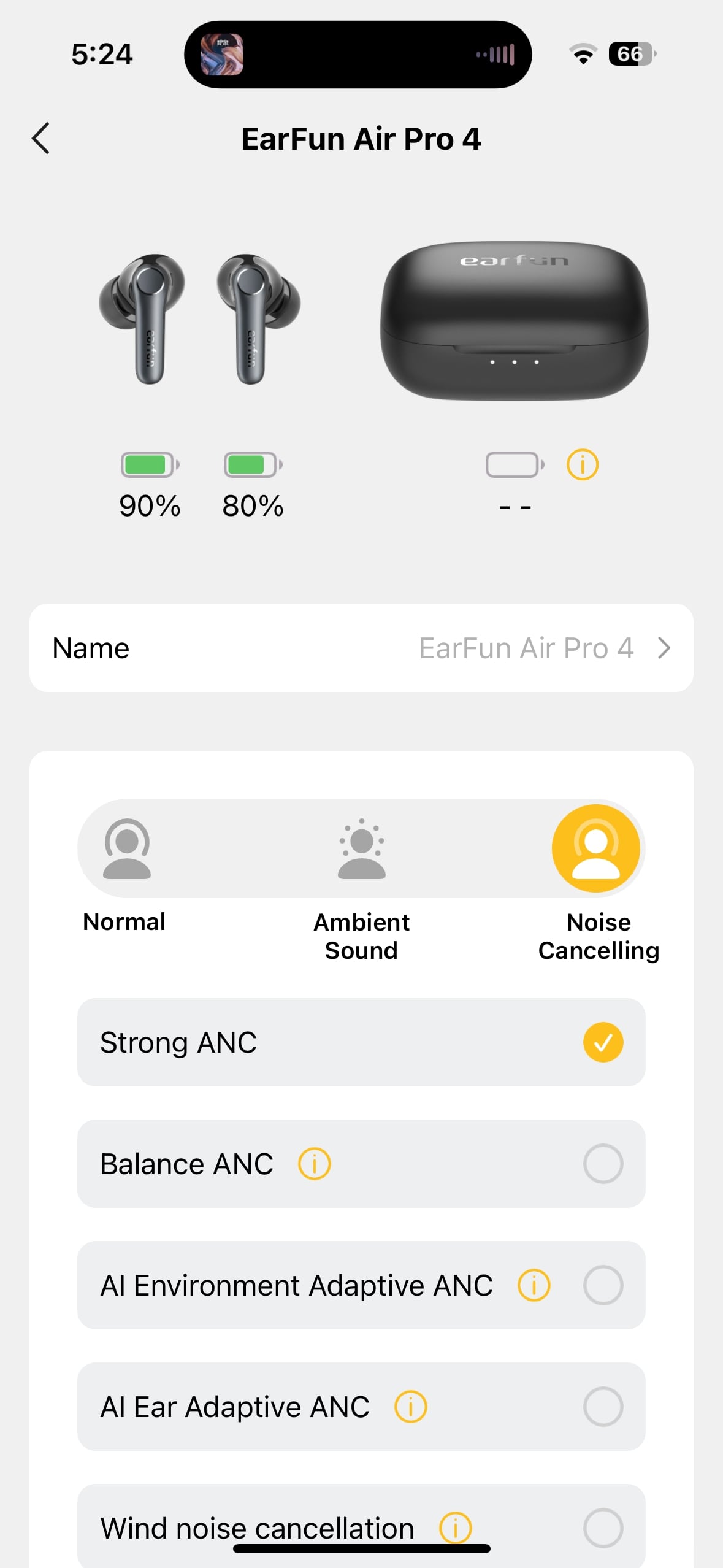 EarFun Audio app showing EarFun Air Pro 4 battery and ANC information.