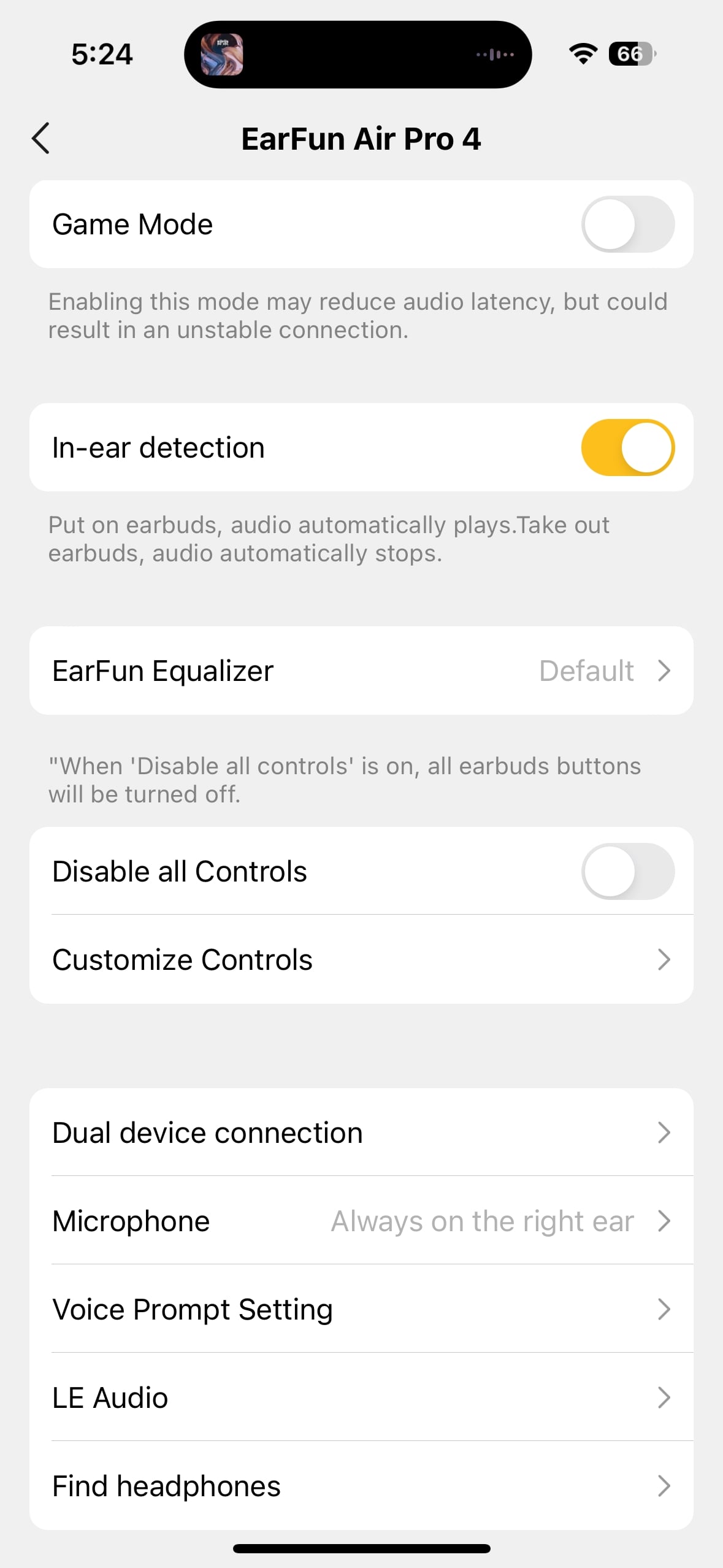 EarFun Audio app showing EarFun Air Pro 4 settings.