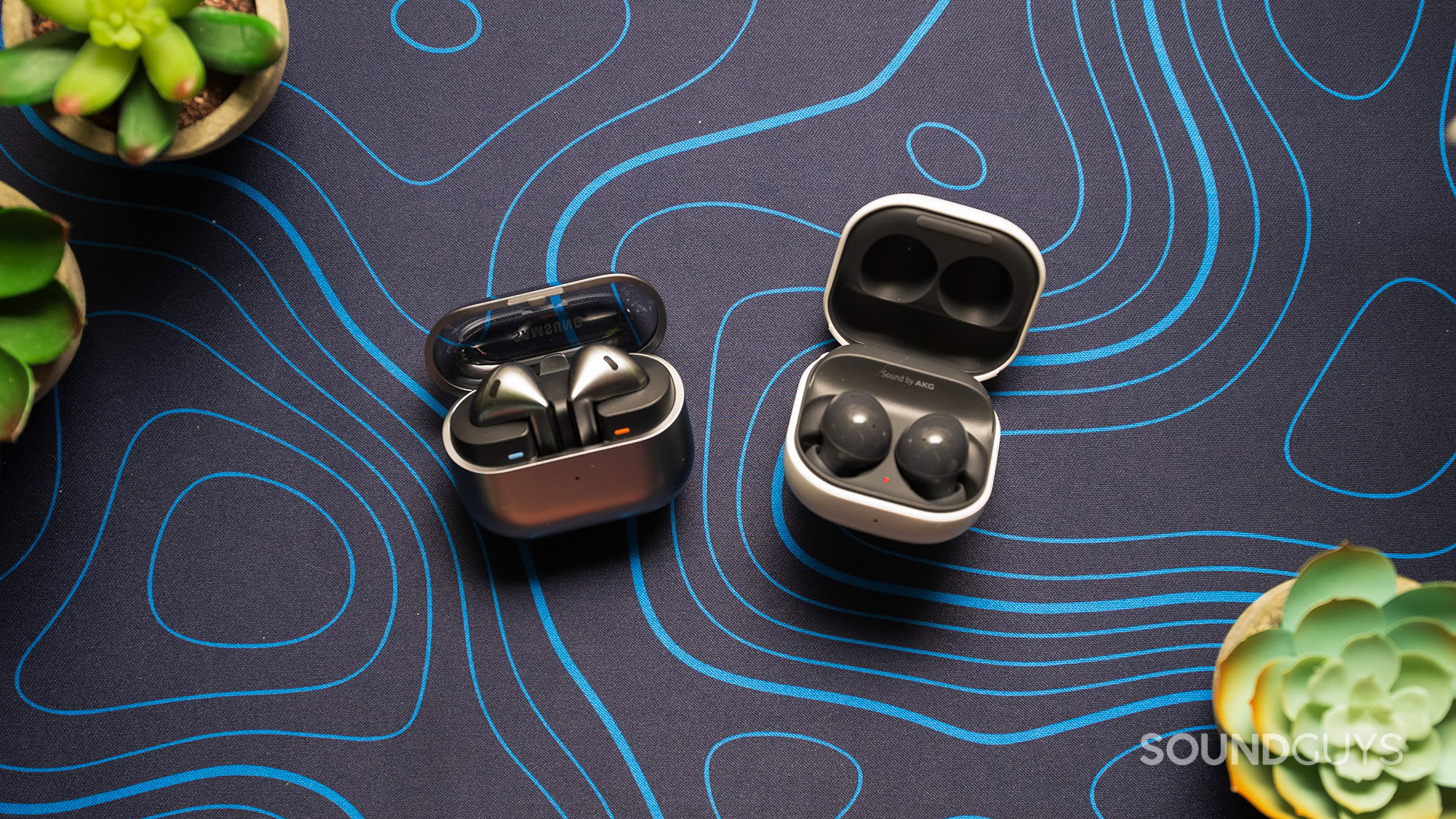 Samsung Galaxy Buds3 next to Samsung Galaxy Buds2 earbuds.