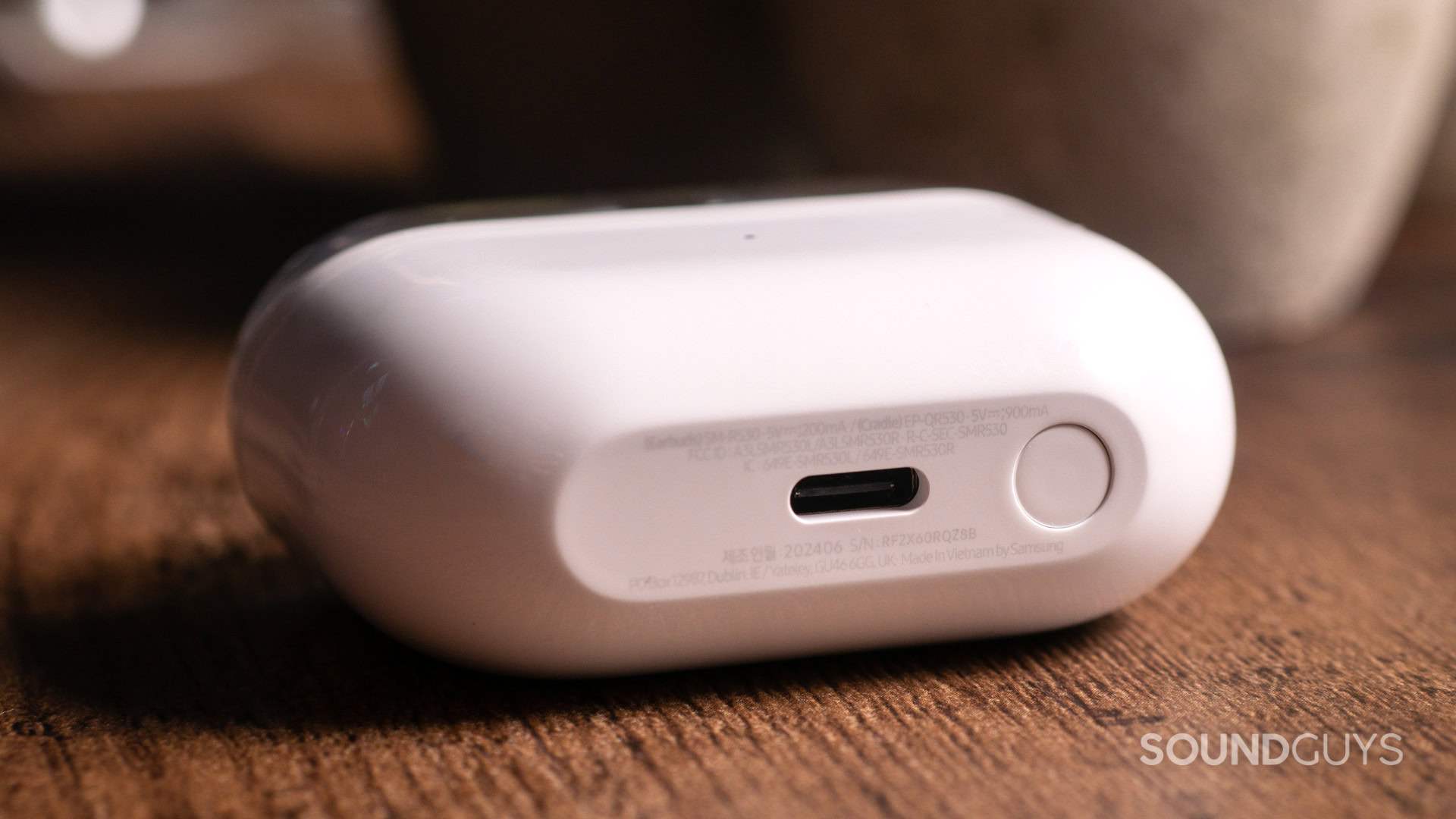 A photo of the Samsung Galaxy Buds 3's charging case, with pairing button and USB-C port showing.