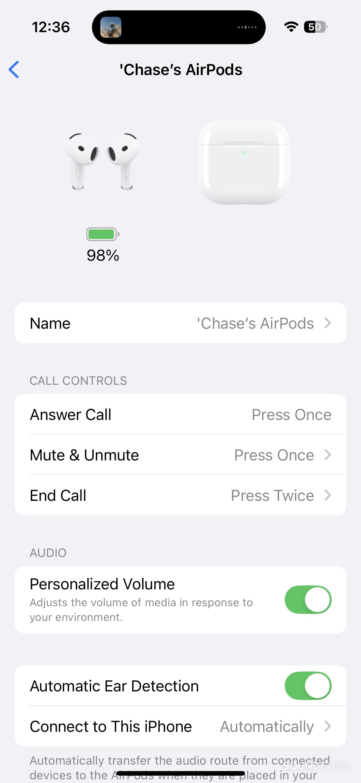 A screenshot of the Settings app showing the controls for the AirPods 4.